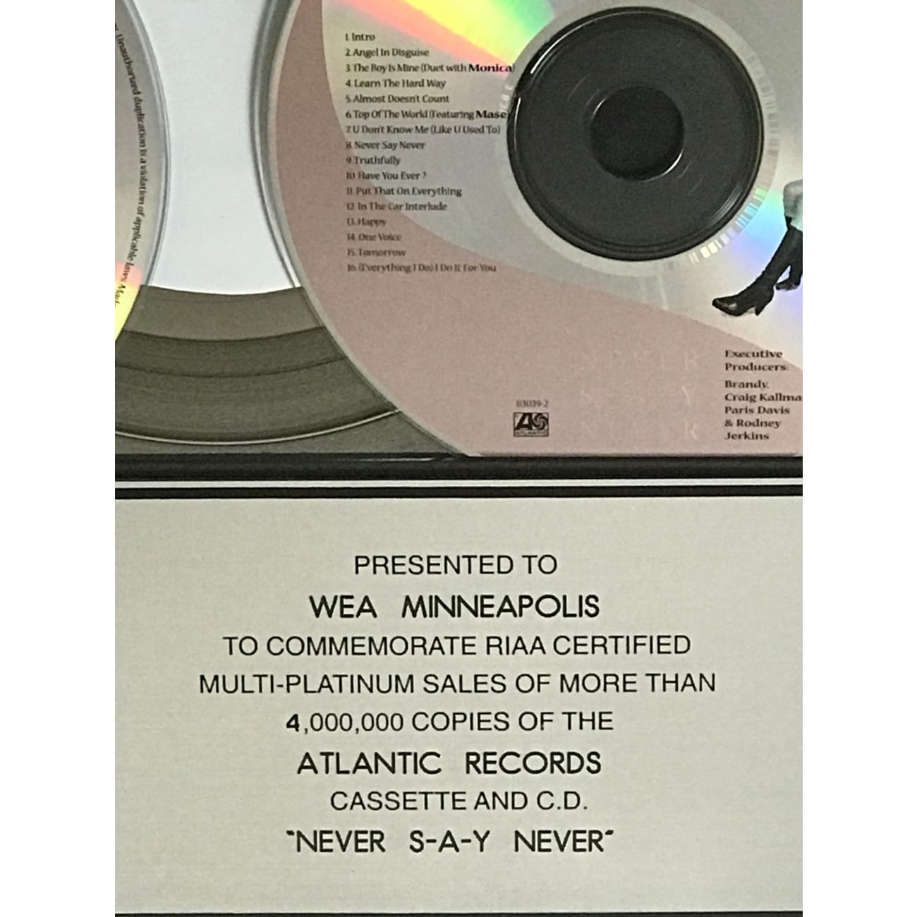 Brandy - Never Say Never RIAA 4x Multi Platinum Album Award | Official Music Award for Collectors & Fans | Perfect for Display in Home, Office, or Music Studio