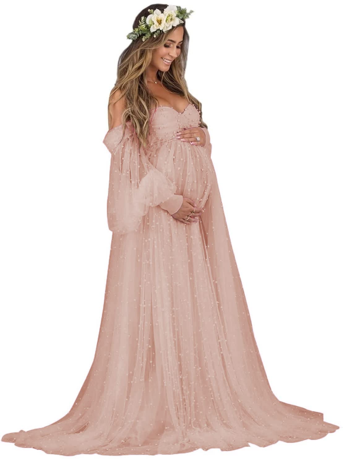 Elegant Pearl Embellished Tulle Maternity Dress with Long Puffy Sleeves - Perfect for Baby Shower, Maternity Photoshoot & Pregnancy Photo Sessions - Comfortable & Stylish Maternity Gown for Special Occasions
