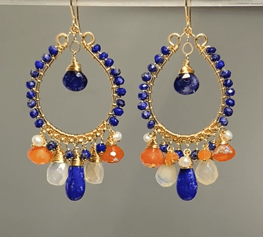 Blue Lapis Gold Fill Hoop Earrings with Mystic Carnelian & Fire Opal - Elegant Boho Jewelry for Women, Perfect for Parties, Weddings & Everyday Wear