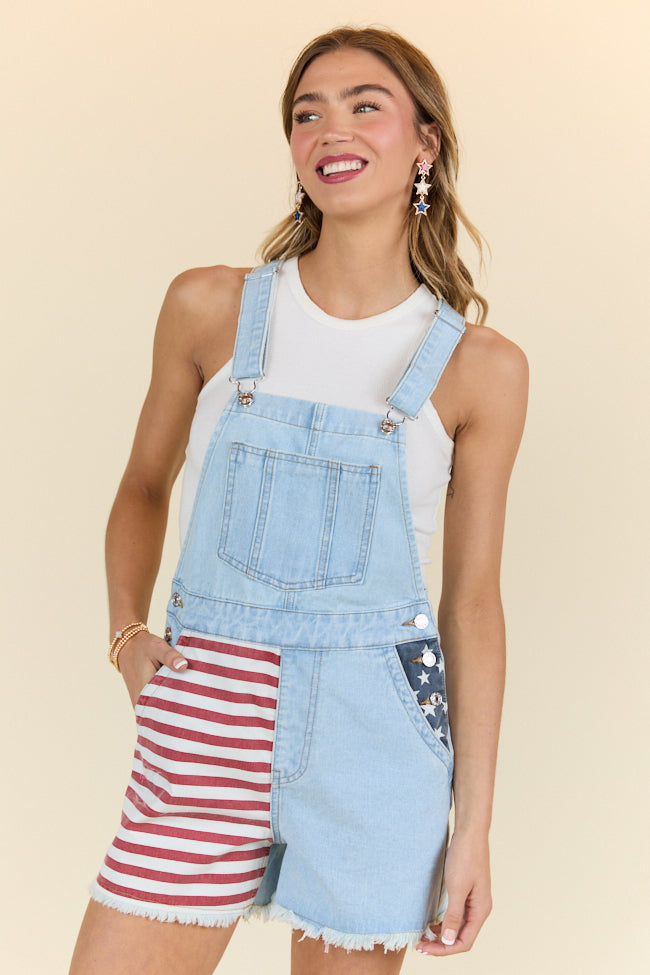 Light Wash Relaxed Fit Denim Overalls with Flag Detail - Comfortable & Stylish for Casual Wear, Work, or Outdoor Activities