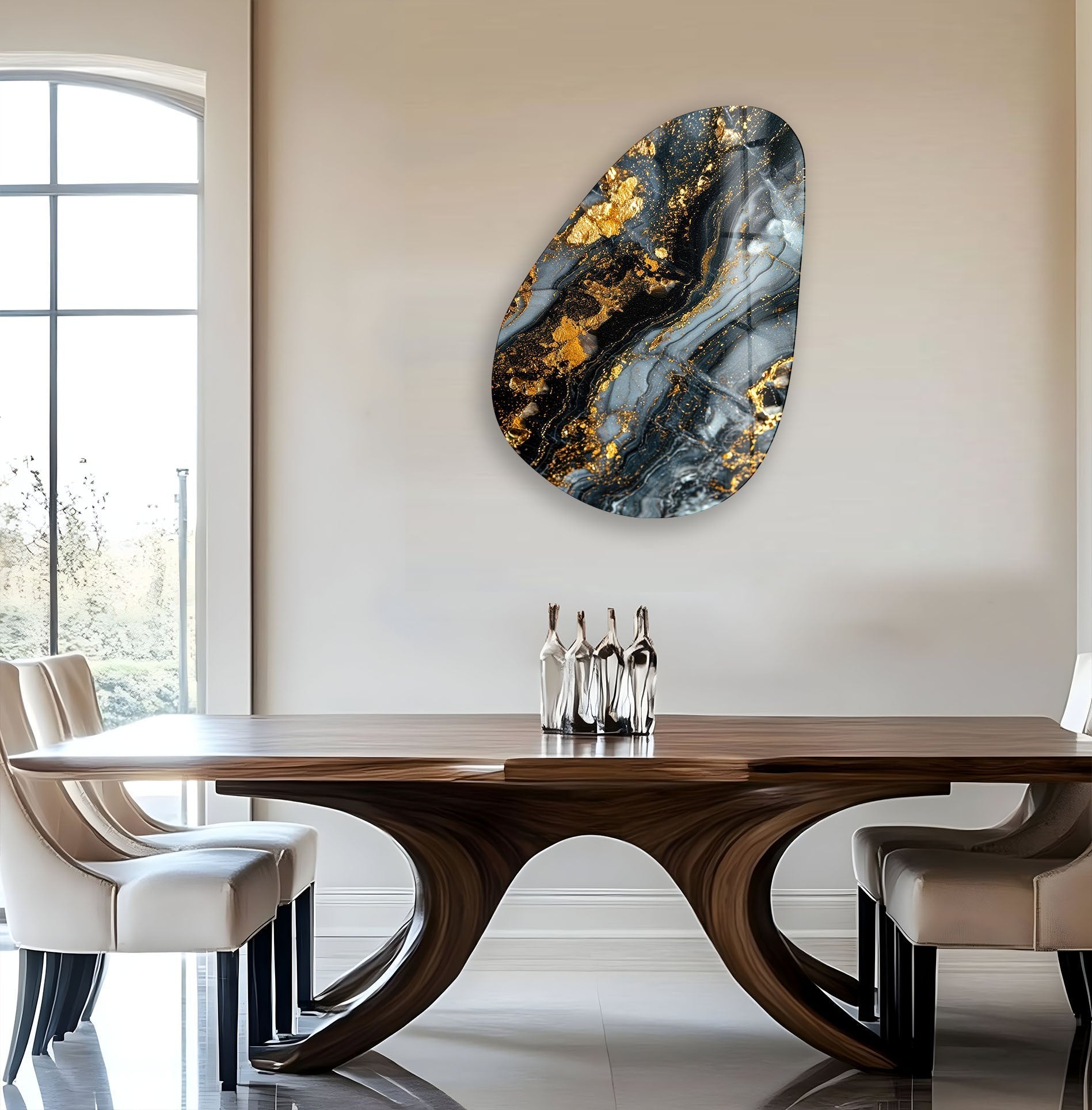 Modern Asymmetrical Oval Glass Wall Art with Black & Gold Accents - Elegant Home Decor for Living Room, Bedroom, or Office