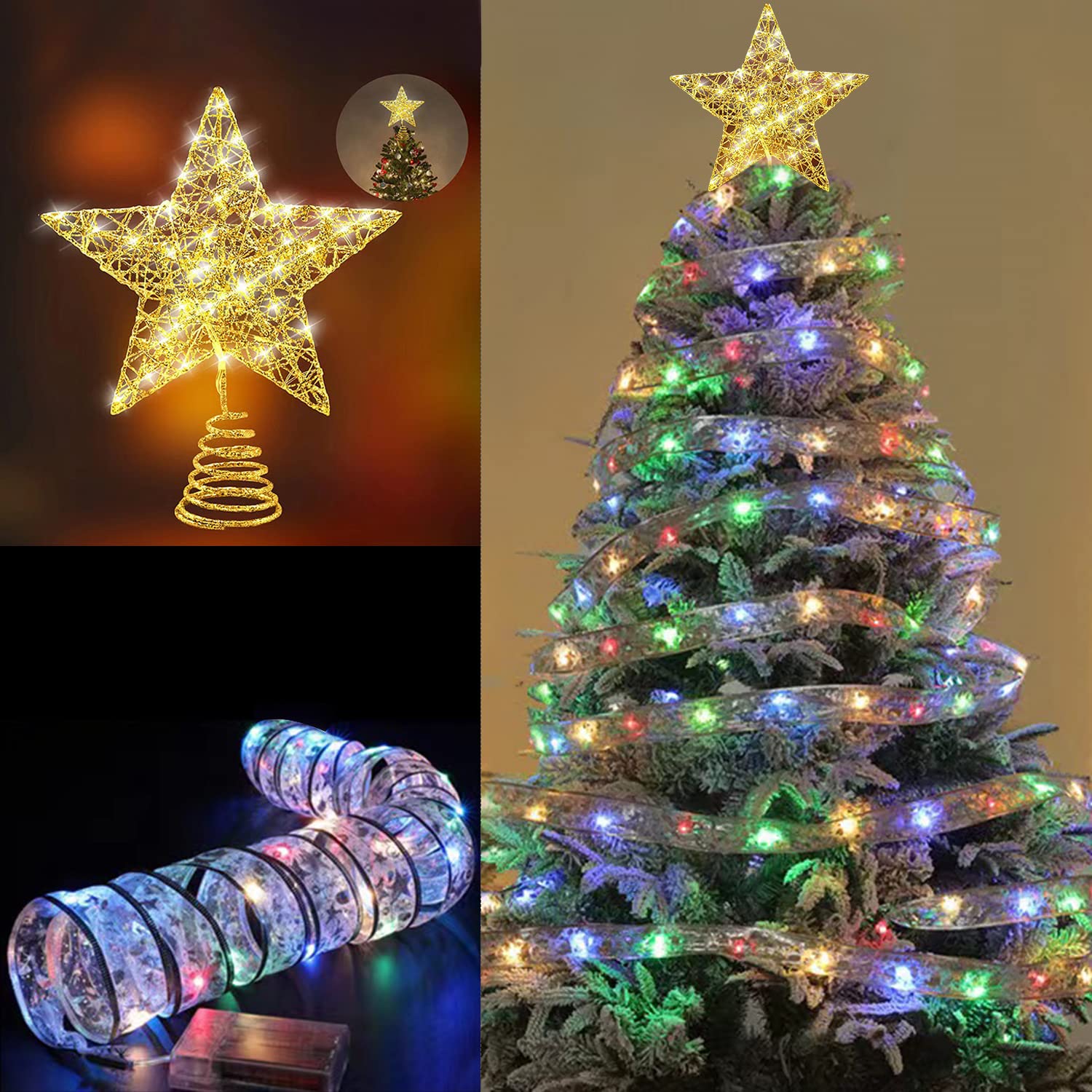 Christmas Star Tree Topper with 16.4ft LED Ribbon Lights - 50 Fairy Lights for Christmas Tree Decorations | Indoor & Outdoor Holiday Decor for Home, Party, Xmas & New Year | Perfect for Living Room, Fireplace, Windows & Outdoor Trees