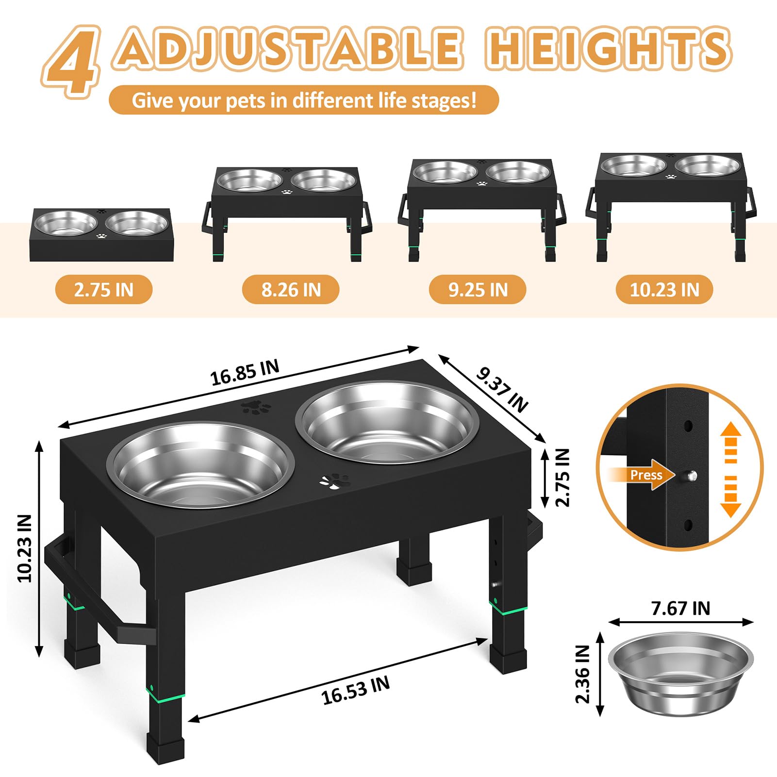 **Elevated Dog Bowls for Large Breeds - Adjustable Height Raised Dog Bowl Stand with 2 Stainless Steel Bowls - Perfect for Small, Medium & Large Dogs - Ideal for Dining, Feeding & Reducing Neck Strain**