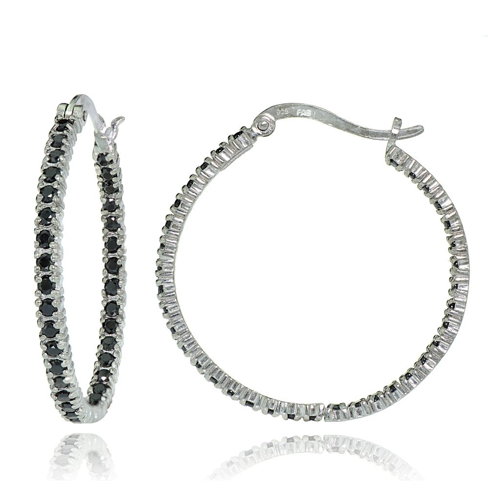 30mm Sterling Silver Black Cubic Zirconia Inside Out Round Hoop Earrings for Women - Perfect for Parties, Weddings & Everyday Wear