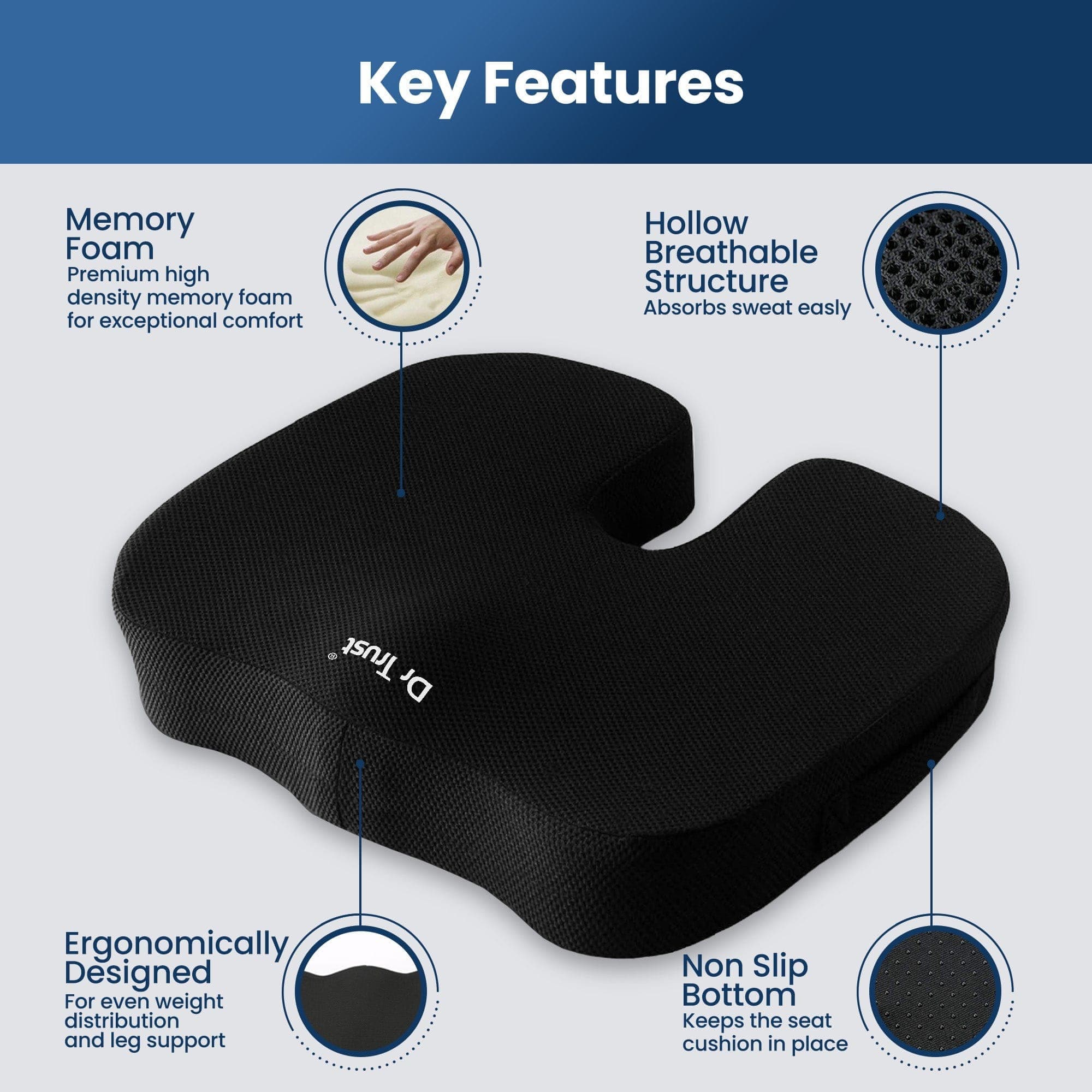 Dr Trust USA Orthopedic Coccyx Pillow - Donut Cushion for Tailbone Pain Relief & Post-Surgery Support - Perfect for Office Chairs, Car Seats & Wheelchairs