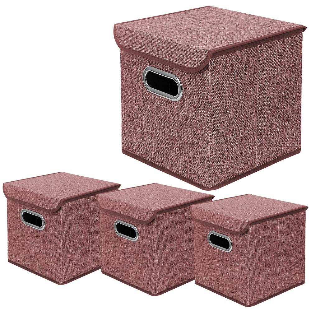 Foldable Fabric Storage Bins with Lids [Set of 4] - 10x10x10 Inch Collapsible Organizer Boxes for Home, Closet & Office Organization - Red Linen Cloth Storage Cubes
