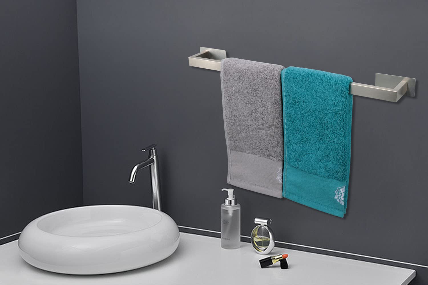No Drill Self Adhesive Towel Bar - 24 Inch Brushed Stainless Steel Bathroom Towel Rack for Kitchen & Toilet - Easy Installation Sticky Towel Holder for Hand & Bath Towels - Perfect for Small Spaces & Rental Homes