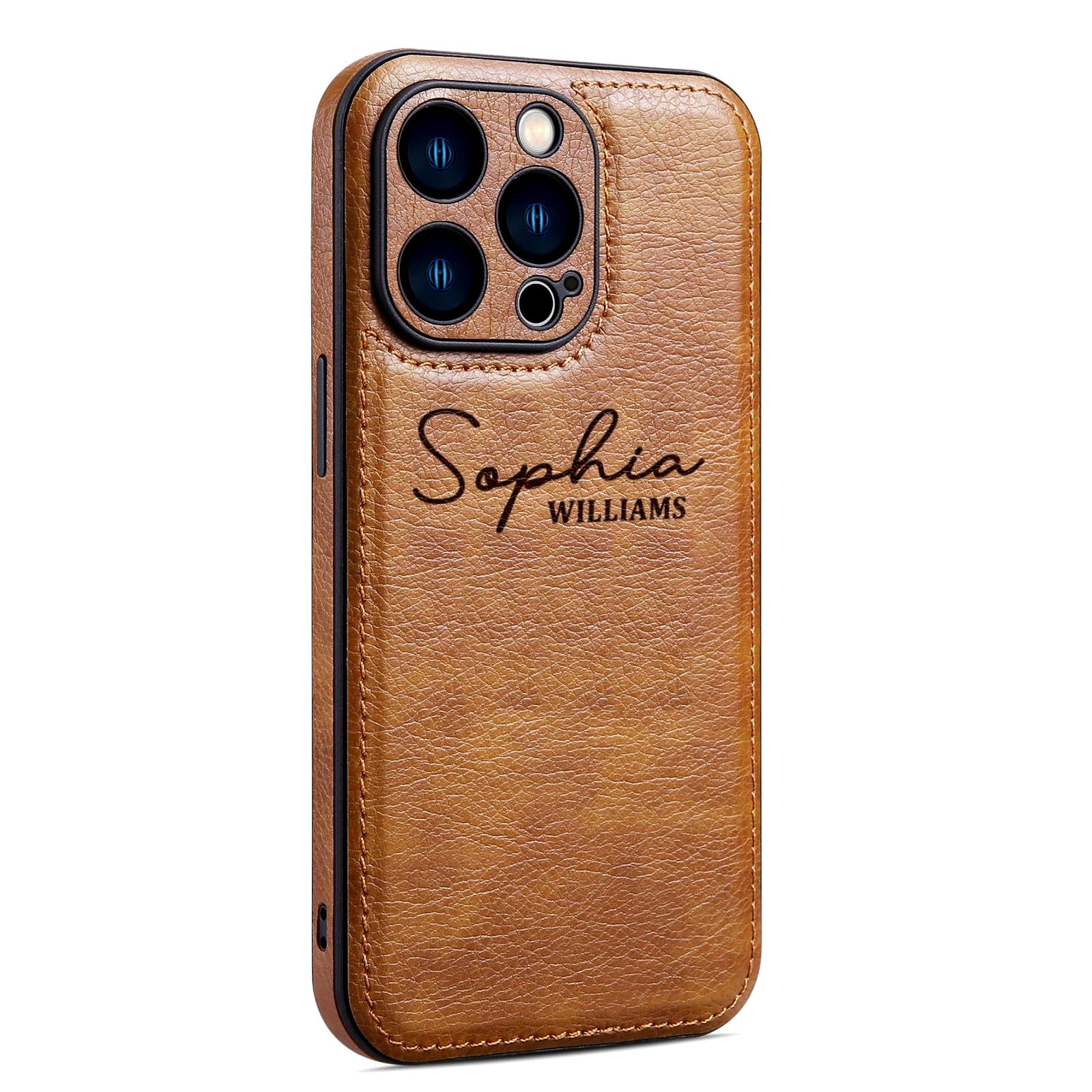Custom Engraved Leather Phone Case for iPhone 16/15/14/13/12/11 Pro Max Plus Mini - Personalized Name Protection Cover (Genuine Brown Leather) - Perfect Gift for Birthday, Anniversary & Daily Use