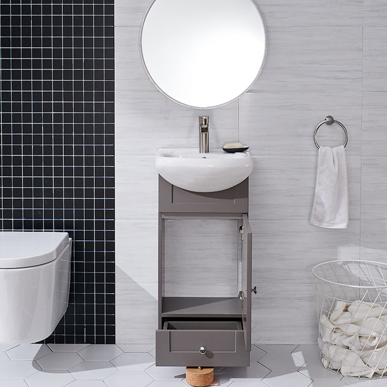 18 Inch Small Bathroom Vanity with Sink Combo - Freestanding Modern Grey Khaki Wood Vanity & Ceramic Vessel Sink Set - Space Saving Sink Cabinet with 1 Door & 1 Drawer - Perfect for Compact Bathrooms, Powder Rooms & Small Spaces
