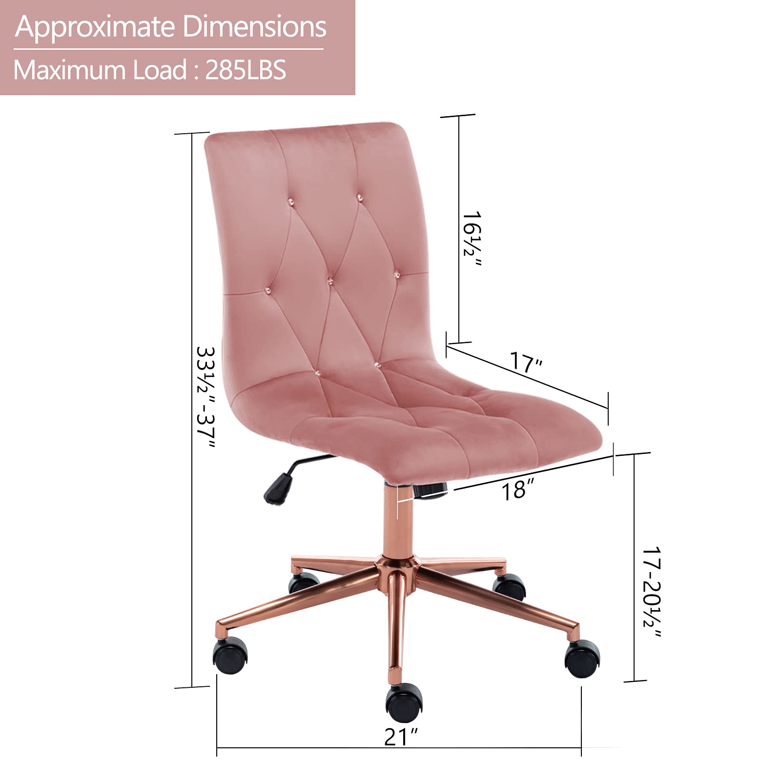 DUHOME Velvet Tufted Armless Office Chair with Golden Base - Adjustable Rolling Desk Chair for Home Office, Computer Work & Vanity - Pink Modern Ergonomic Swivel Chair with Wheels | Perfect for Small Spaces, Gaming Setup & Makeup Station