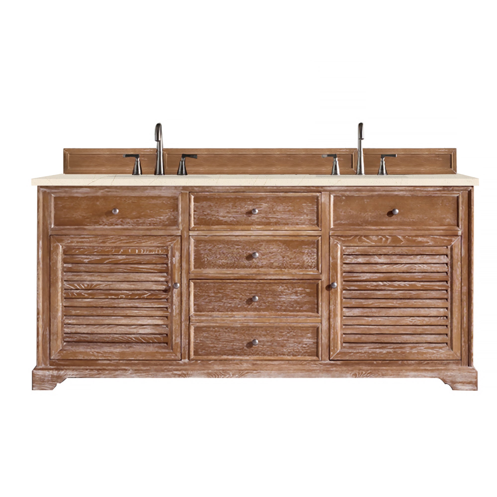 Savannah 72 Inch Double Vanity Cabinet in Driftwood Finish with 3CM Eternal Marfil Quartz Countertop - Perfect for Bathroom Renovation and Modern Home Decor