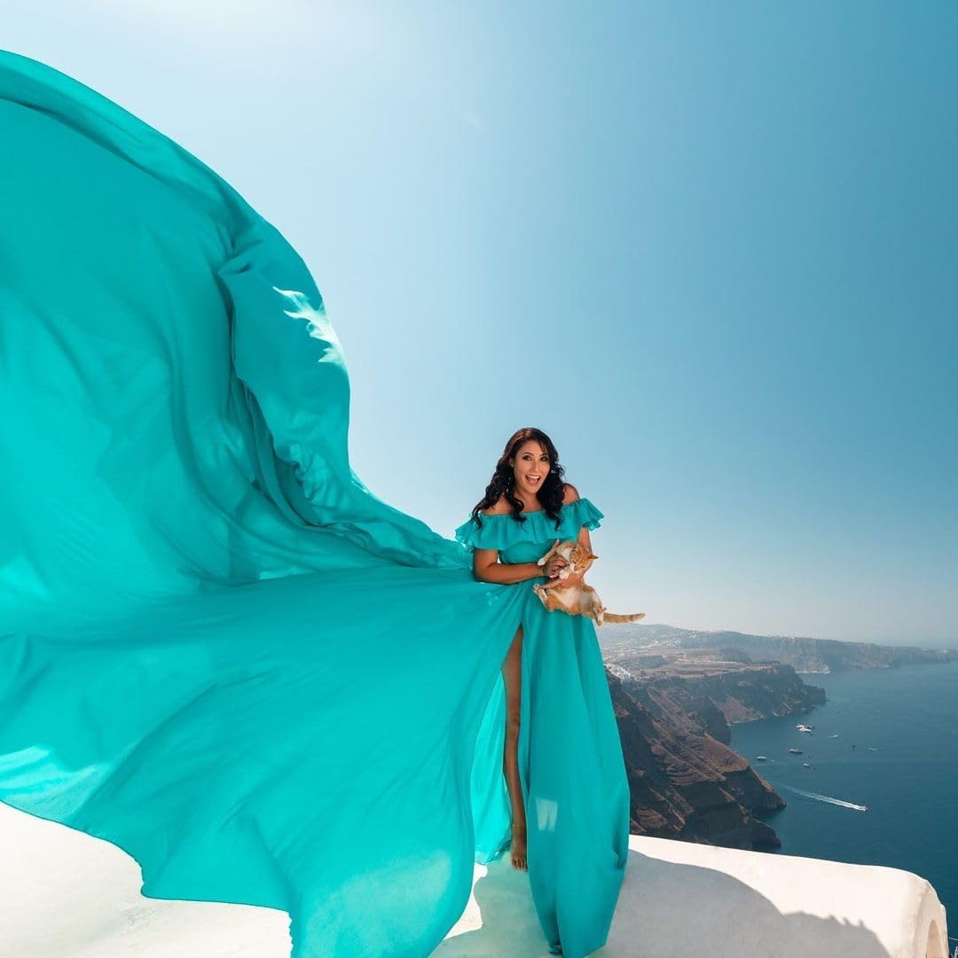 Elegant Off Shoulder Long Flying Dress for Photoshoot - Flowy Satin Gown with Train for Santorini Wedding, Beach Vacation & Boho Photoshoots