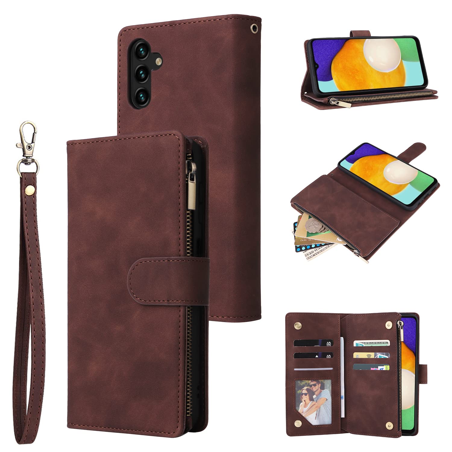 Premium PU Leather Wallet Case for Samsung Galaxy A13 5G - Magnetic Closure, Card Slots, Kickstand & Hand Strap | Vintage Flip Phone Cover for Women (Coffee) | Perfect for Daily Use, Travel & Business Meetings