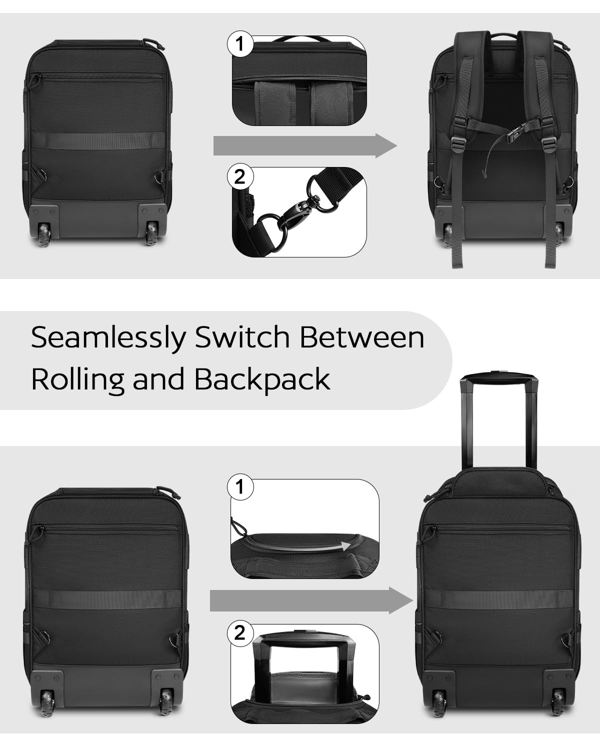 Tactical Rolling Laptop Backpack for Men & Women - 17 Inch Wheeled Military Computer Bag with MOLLE System | Water-Resistant Carry-On Luggage for Work Travel, Outdoor Hiking & Overnight Trips (Black) - Perfect for Business Commuters, College Students & Adventure Travelers