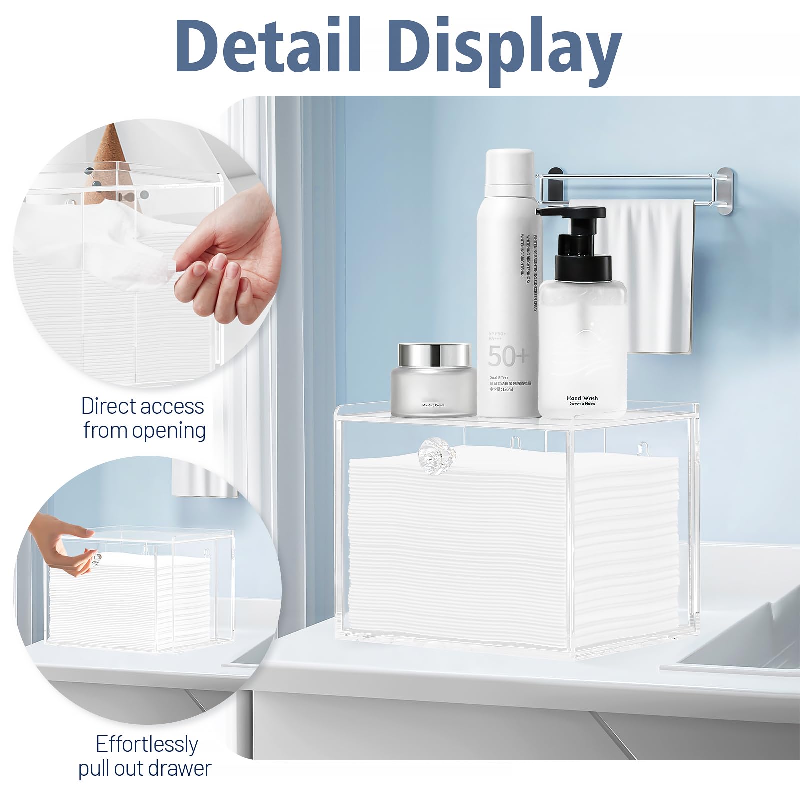 Disposable Face Towel Holder - Acrylic Towel Storage Box with Drawer for Clean Skin Club Clean Towel XL | Wall-Mounted Makeup Remover Cloth Organizer | Perfect for Bathroom, Spa & Skincare Routine Organization
