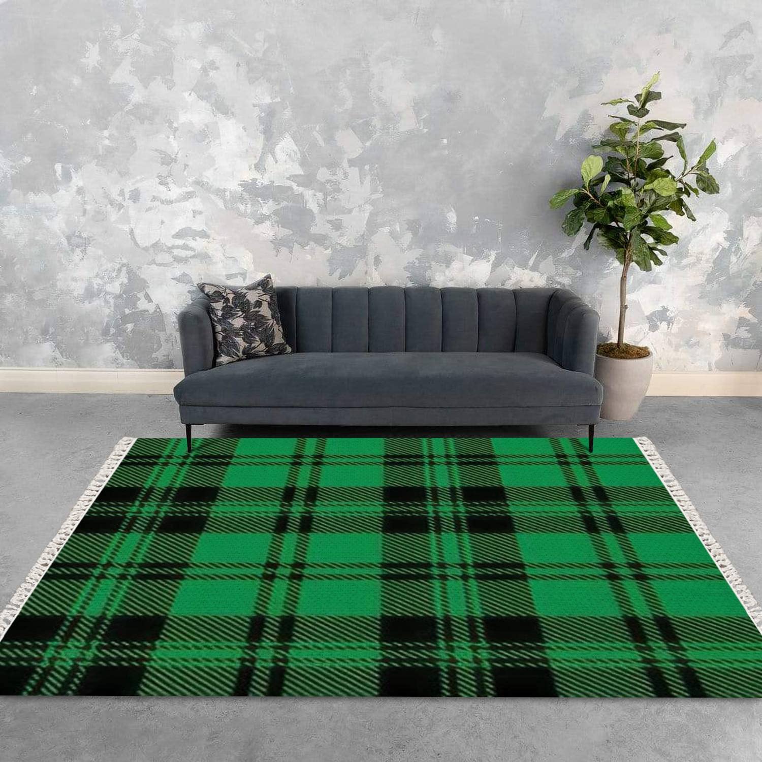 Boho Tartan Plaid Woven Rug with Tassels - 5x8' Black White Red Green Check Area Rug for Patio, Living Room, Bedroom, Nursery | Water-Resistant Outdoor Indoor Carpet for Minimalist Home Decor