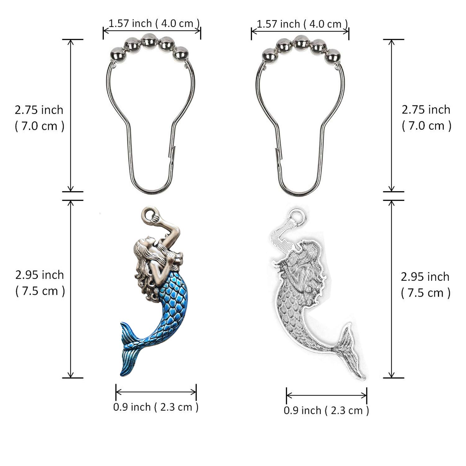 Rust-Proof Silver Metal Sea Mermaid Shower Curtain Hooks & Rings - 12PCS Ocean-Themed Bathroom Decor for Beach Style Showers | Waterproof Durable Shower Accessories for Coastal, Nautical & Mermaid Bathroom Designs