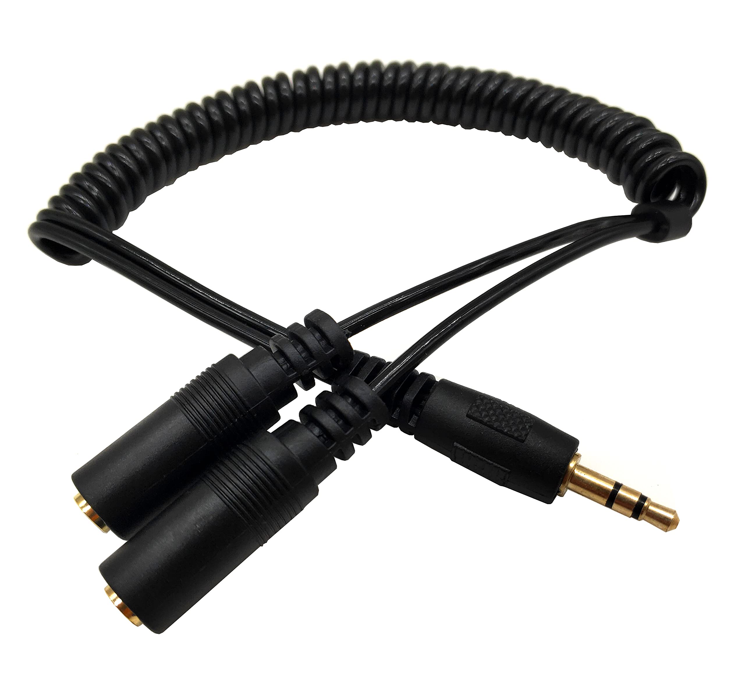 Qaoquda 3.5mm Stereo Y Splitter Cable - Coiled Audio Extension Cord with 1 Male to 2 Female Connectors for Headphones, Speakers, Home & Car Audio Systems - Perfect for Sharing Music, Gaming Headsets, and Multi-Device Audio Setups