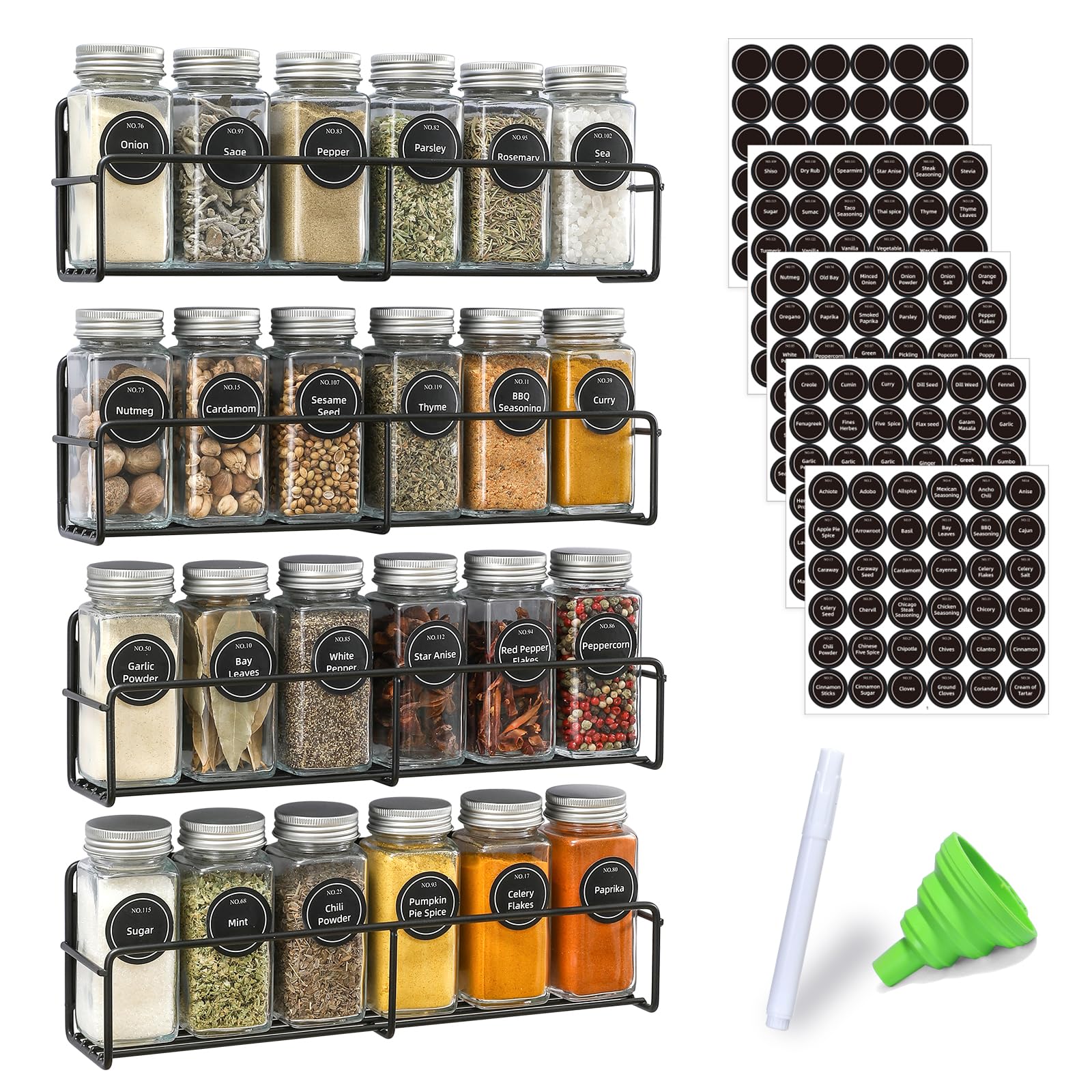 VITEVER 4-Pack Magnetic Spice Rack with 24 Square Glass Jars & Lids - Pre-Printed Labels, Funnel Included - Space Saving Spice Organizer for Kitchen, Refrigerator & Microwave - Perfect for Cooking, Baking & Meal Prep