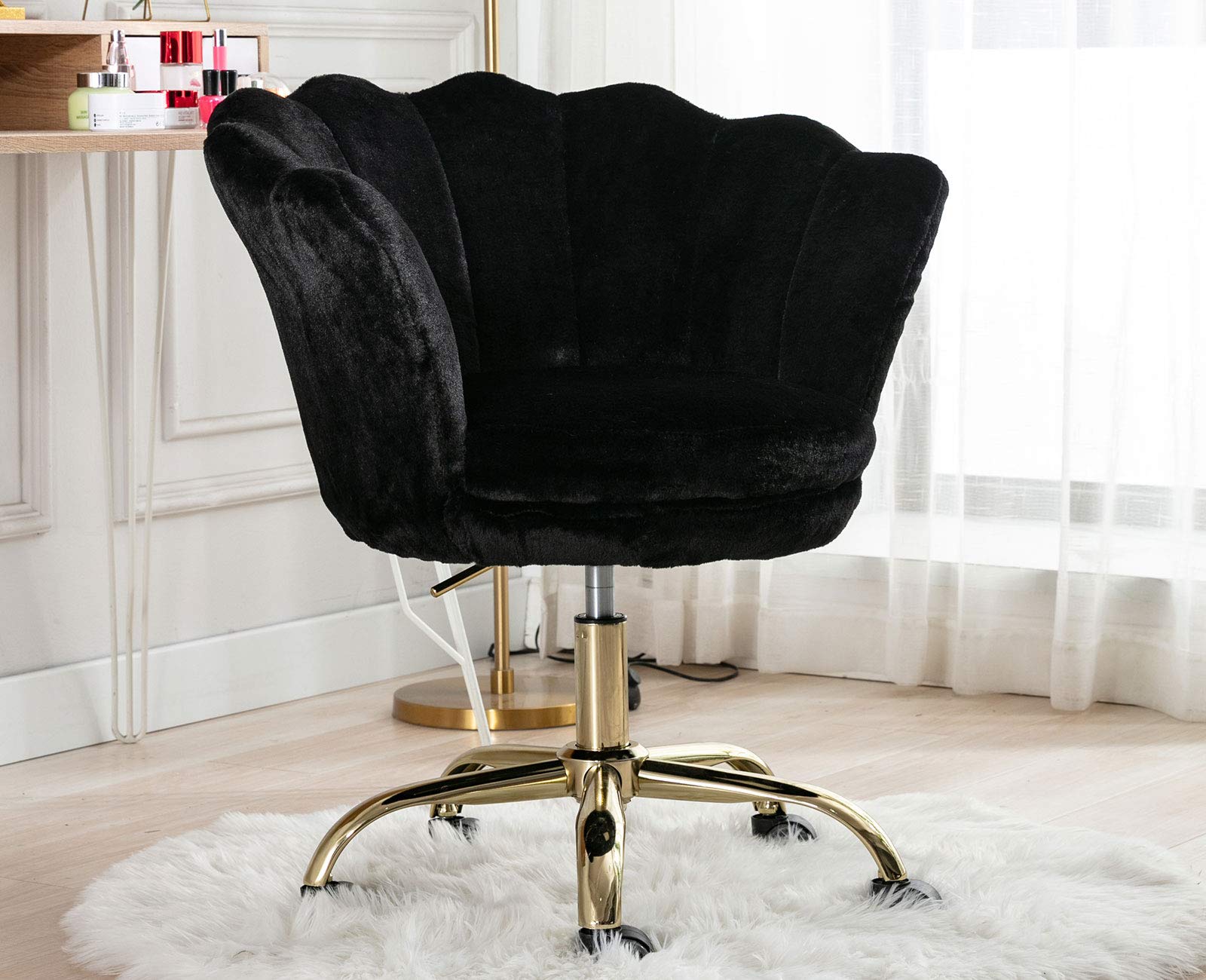 Comfy Faux Fur Swivel Accent Chair - Gold Upholstered Armchair for Home Office, Living Room, Studio & Makeup Vanity | Stylish & Ergonomic Seating for Work, Relaxation & Beauty Routines (Black)