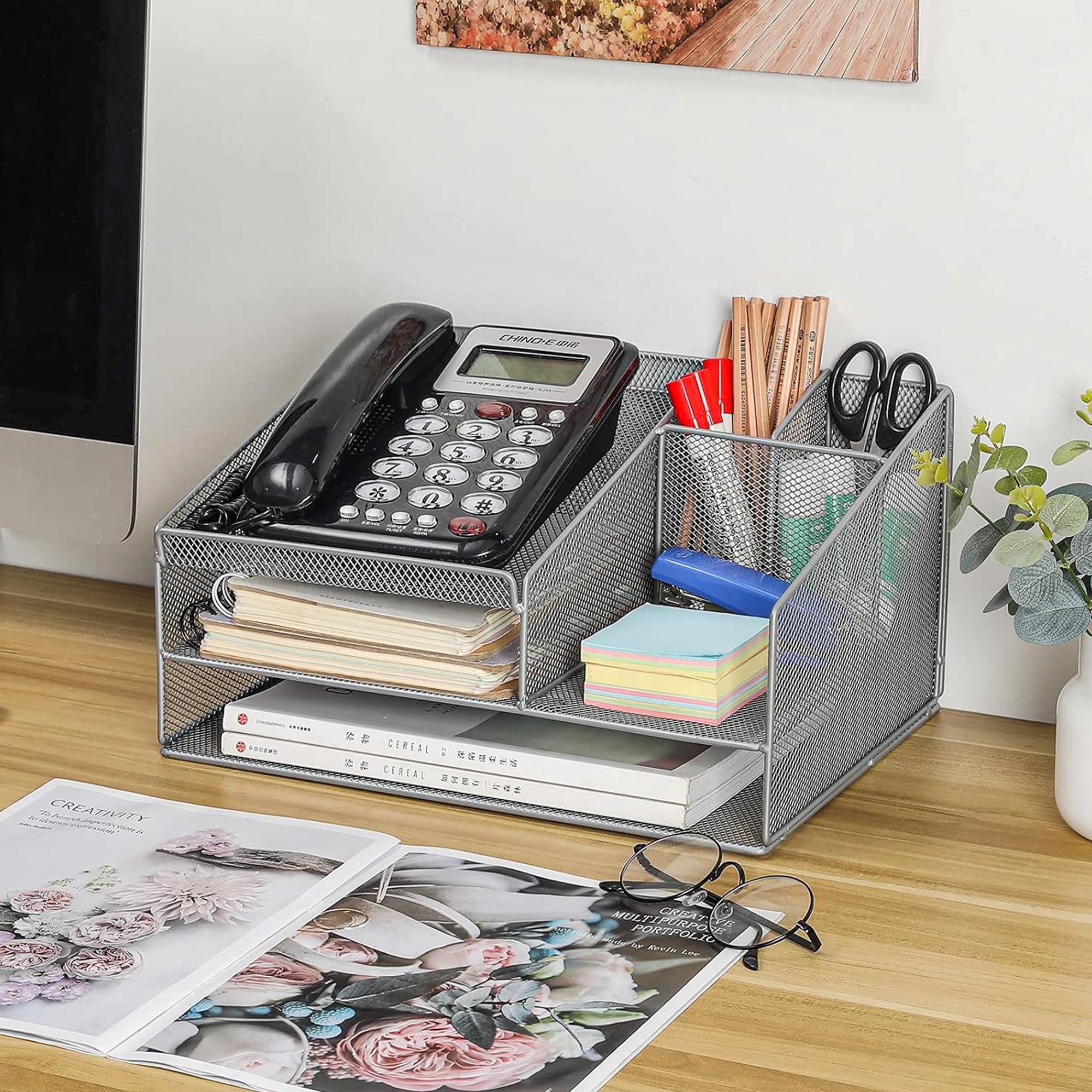 Silver Telephone Stand & Desk Organizer with Letter Tray - Phone Holder, Pen Pencil Organizer for Office, School, Home - Perfect for Workspace Organization & Productivity Boost