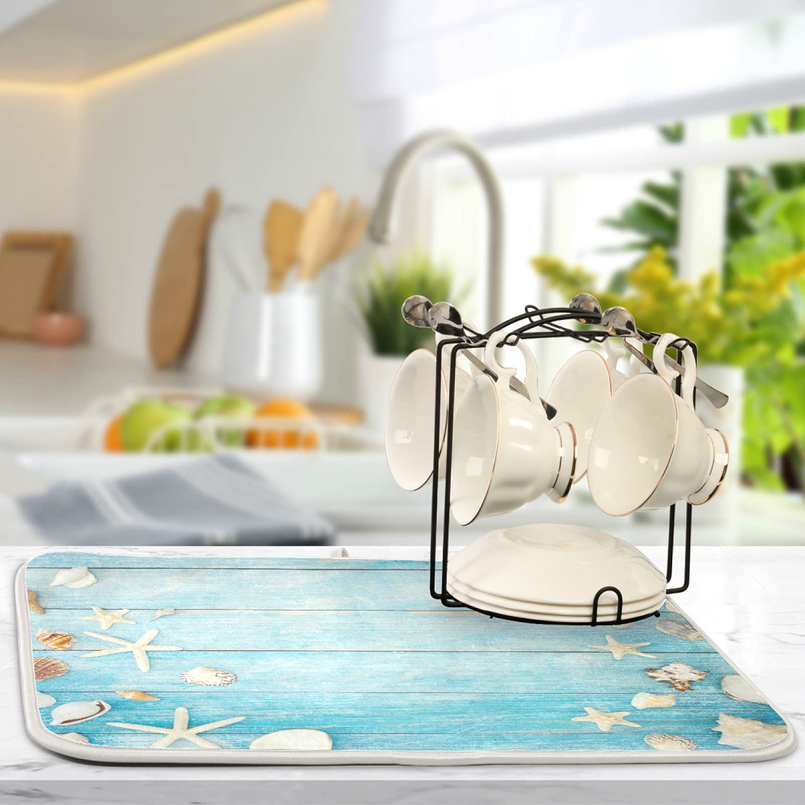 Susiyo Seashell Starfish Design Absorbent Kitchen Drying Mat - 18x24 Inch Blue Wooden Dish Drainer Pad for Countertop, Perfect for Coastal-Themed Kitchens and Beach House Decor