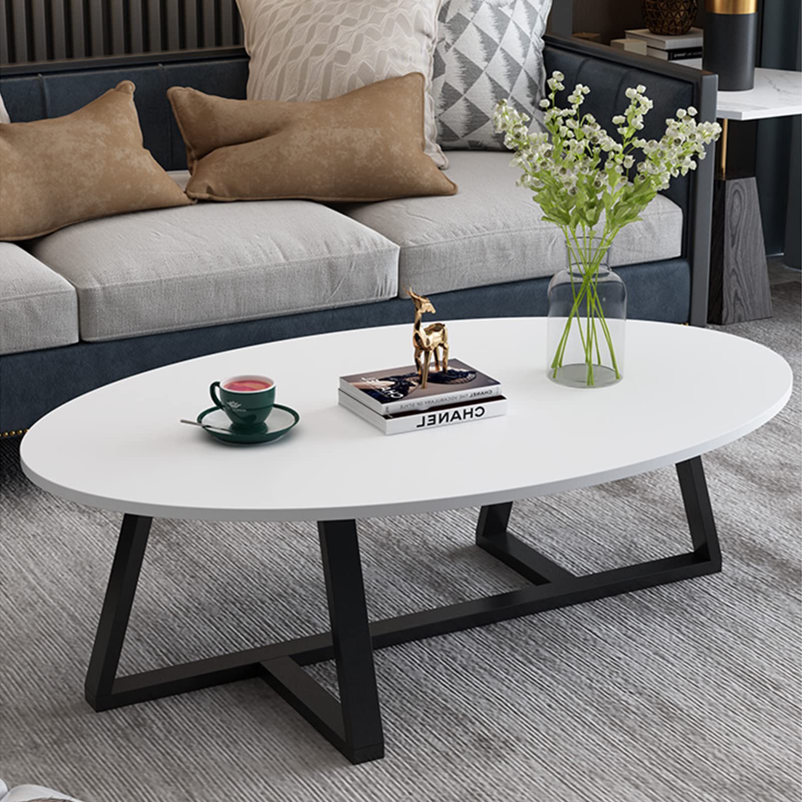 Modern Oval Coffee Table with Wood Top & Sturdy Metal Frame - Industrial Style End Table for Living Room, Bedroom, or Office - Perfect as Side Table, Nightstand, or Center Table