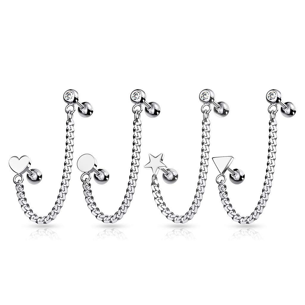 316L Stainless Steel Cartilage Helix Earring Barbell with Connecting Chain - 16GA Body Jewelry for Pierced Owl Design - Perfect for Ear Lobe, Helix, and Cartilage Piercings