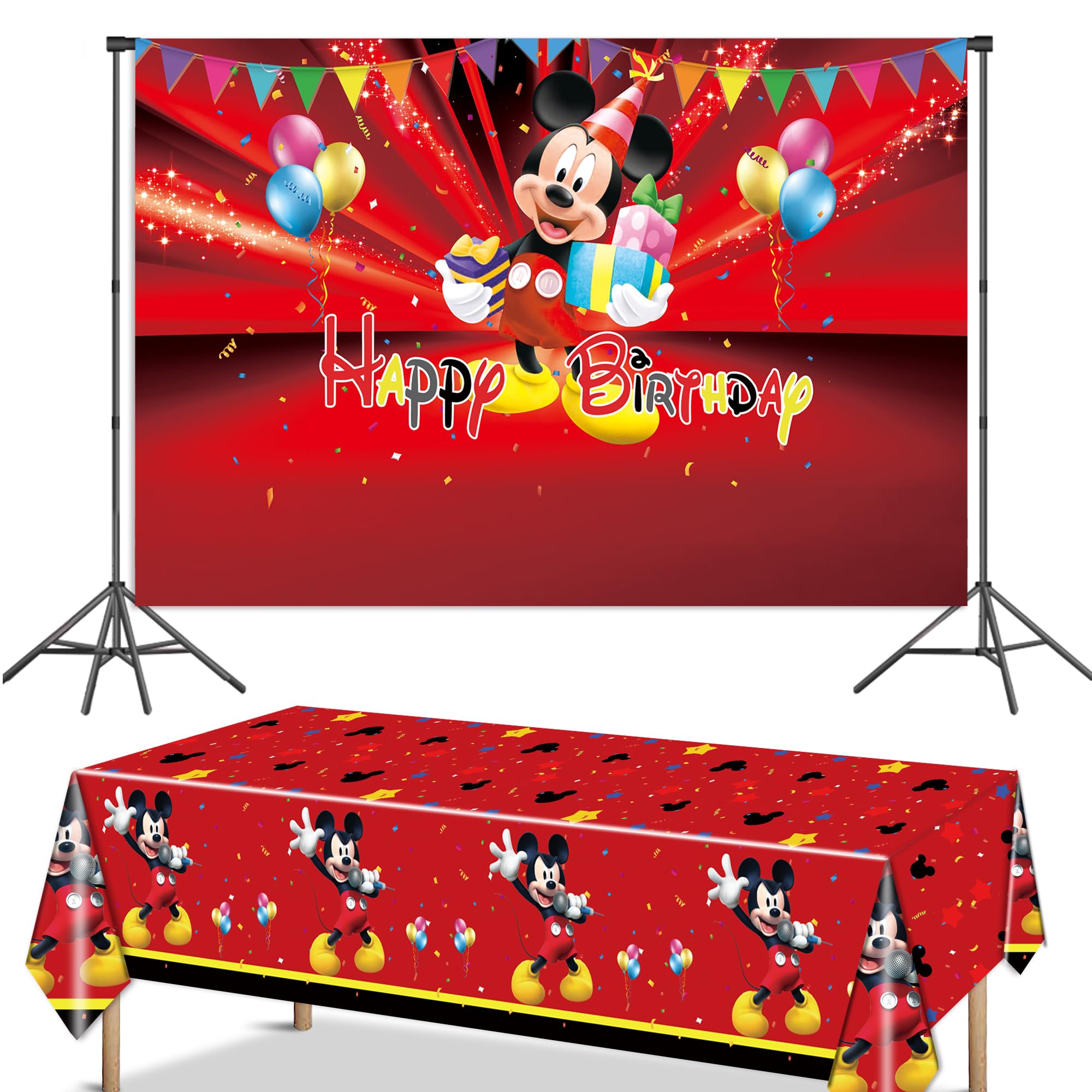 Ecledo Mouse Birthday Party Backdrop (47x80 Inch) & Plastic Table Cover (106x51 Inch) - Large Red Mouse Theme Decor for Birthday Parties, Baby Showers & Special Events - Perfect for Indoor & Outdoor Celebrations