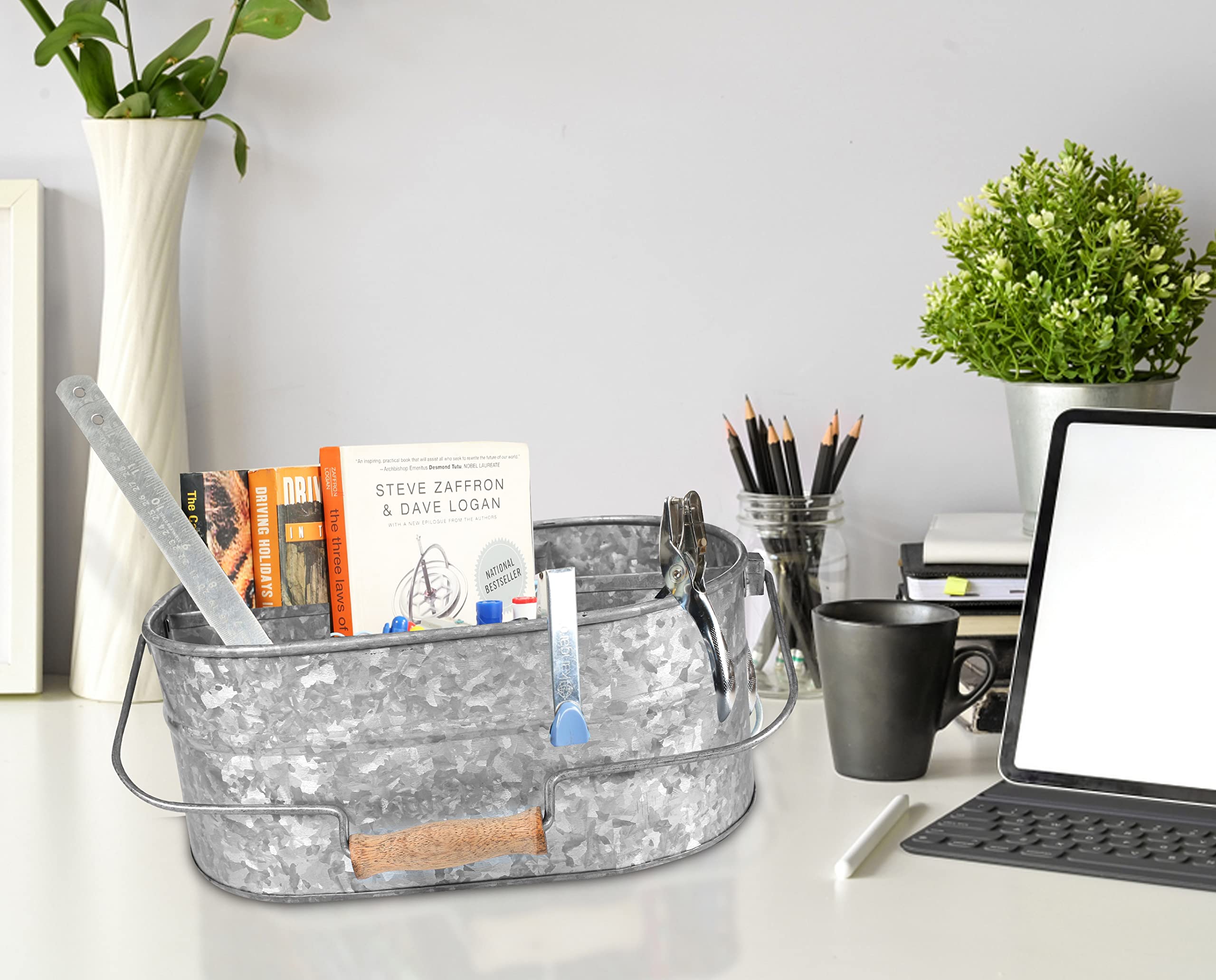 Rustic Farmhouse Metal Storage Caddy with Wooden Handle - 4 Compartment Galvanized Organizer for Kitchen Utensils, Picnic Supplies & Garden Tools - Hammered Antique Grey Finish - Perfect for Home, Office & Outdoor Use