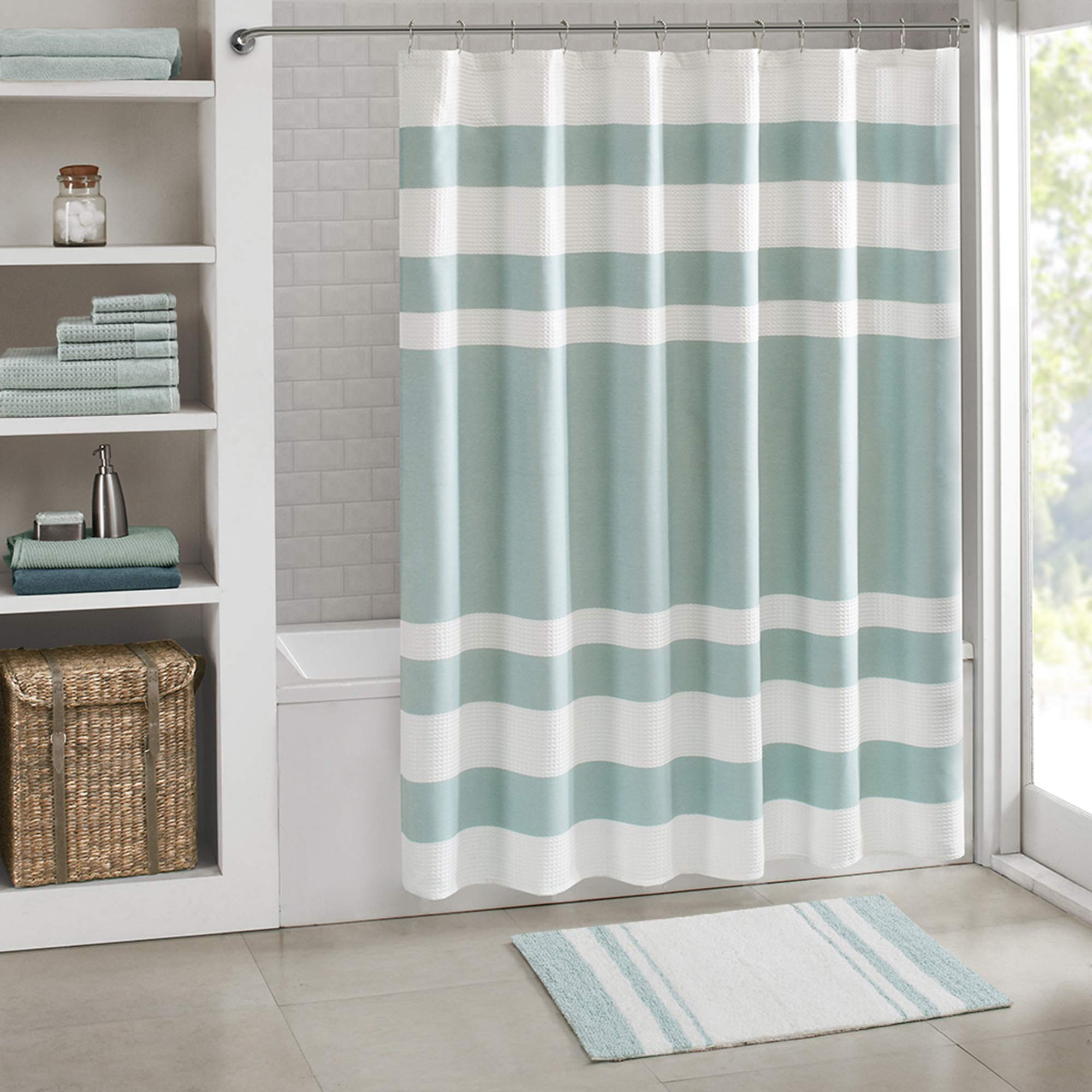 Madison Park Reversible 100% Cotton Spa Bath Rug - Ultra Soft, Water Absorbent & Fast Drying Non-Slip Bath Mat for Shower, Tub & Bathroom - 20x30 Inches, Aqua Striped - Perfect for Spa-Like Relaxation & Luxury Bathroom Decor