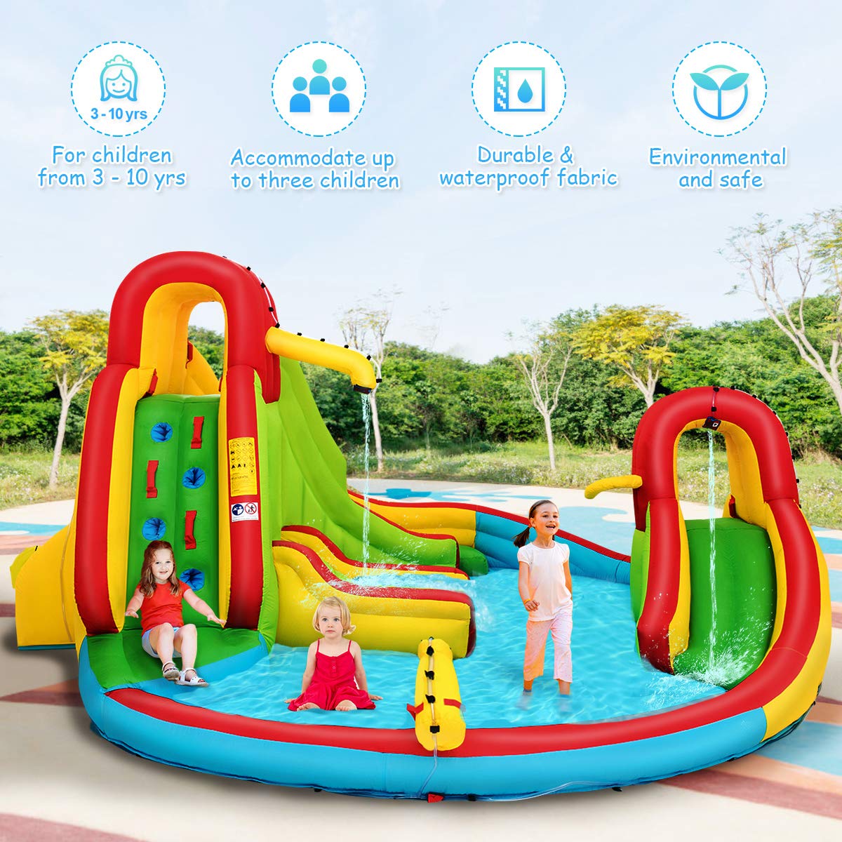 **GOFLAME Inflatable Bounce House with 480W Blower - Kids Water Park with Slide, Climb Wall, Splash Pool, Basketball Rim & Water Cannon - Includes Storage Bag, Stakes & Repair Kit - Perfect for Backyard Parties, Summer Fun & Outdoor Play**