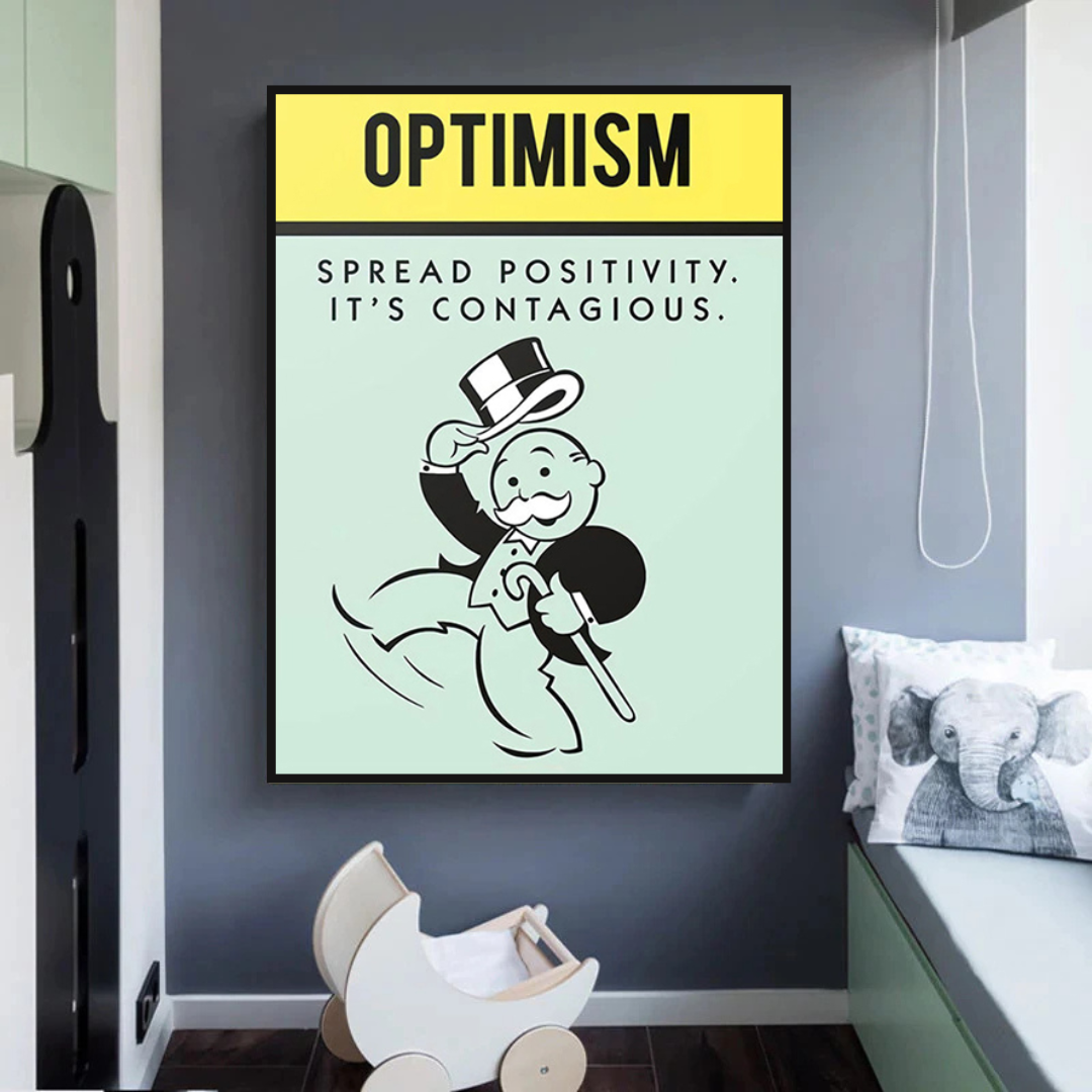 Alec Monopoly Optimism Play Card Canvas Wall Art - Pop Culture Home Decor for Living Room, Bedroom & Office