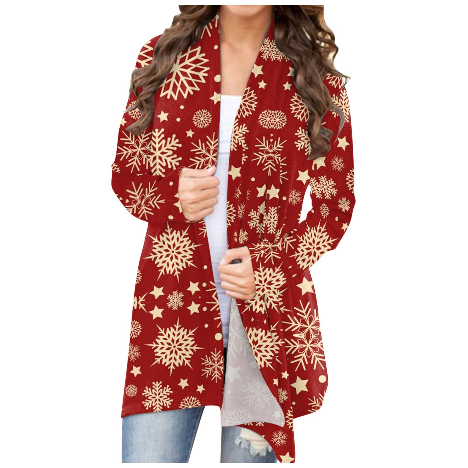 GFPGNDFHG Women's Open Front Cardigan - Funny Christmas Graphic Print, Floral Lace Design Long Sleeve Blouse for Holiday Parties & Halloween Costumes