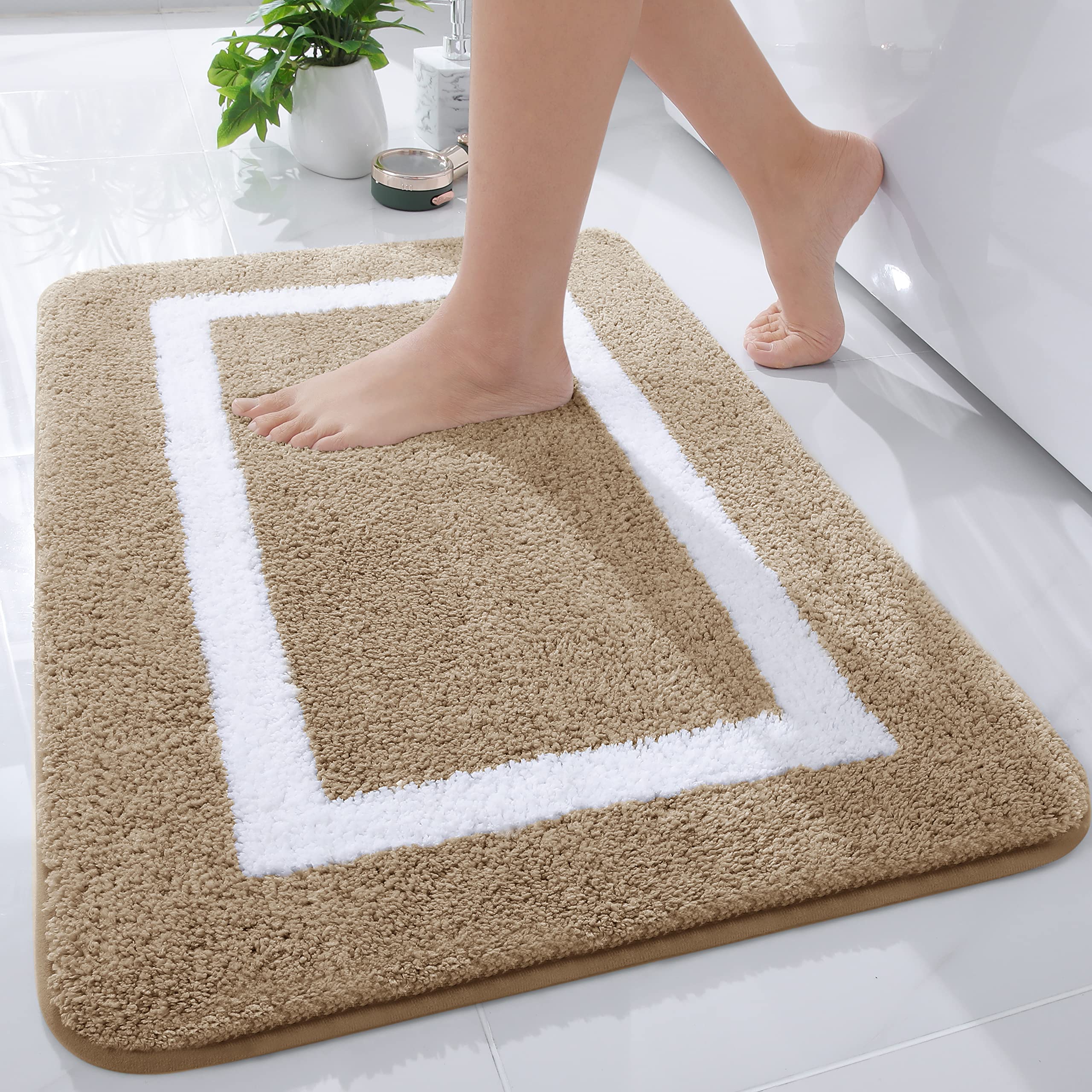 Luxury Super Soft Bathroom Rug Mat - Water Absorbent Microfiber, Non-Slip Plush Shaggy Bath Carpet for Bathroom, Tub & Shower - Machine Washable, 16x24 Inches, Beige & White - Perfect for Spa-Like Bathroom Comfort and Safety
