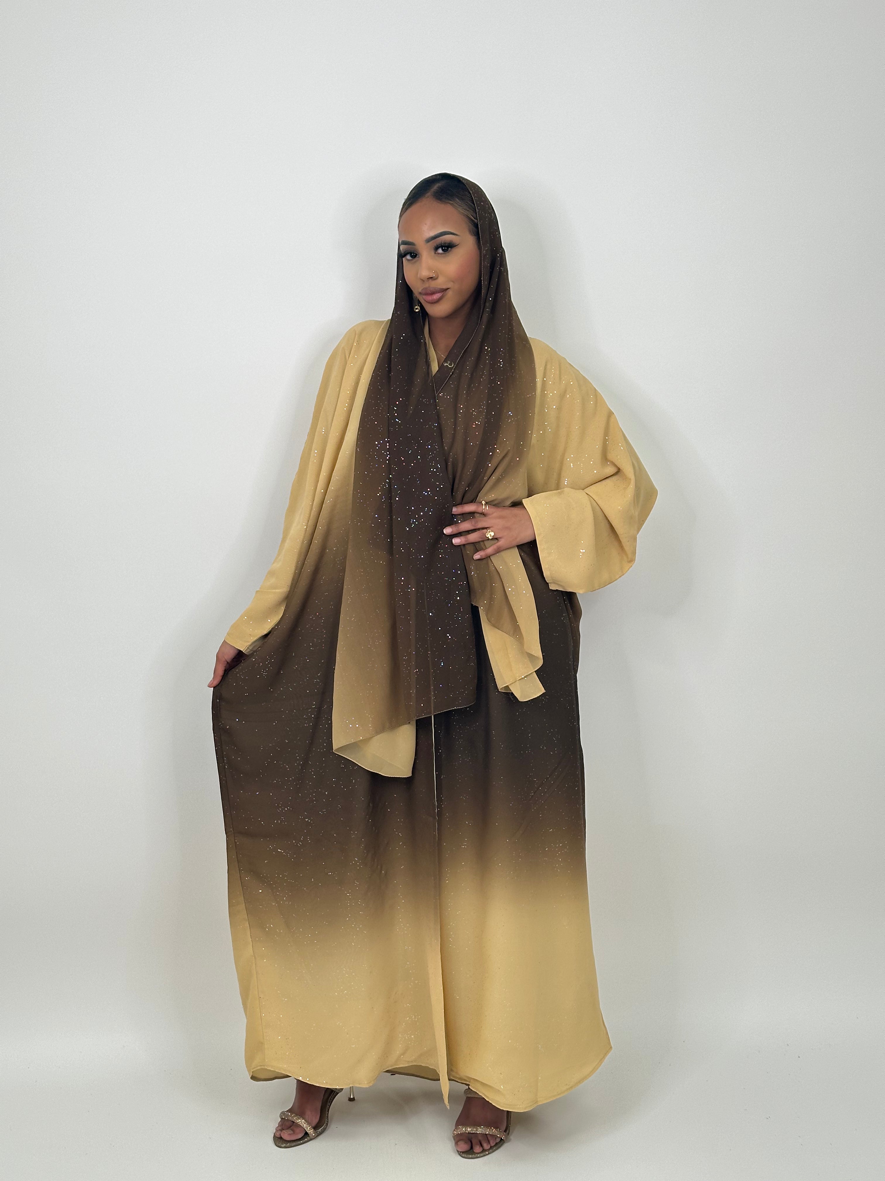 Elegant Brown Ombré Stars Abaya Dress - Modest Islamic Fashion for Women - Perfect for Eid, Prayer & Special Occasions