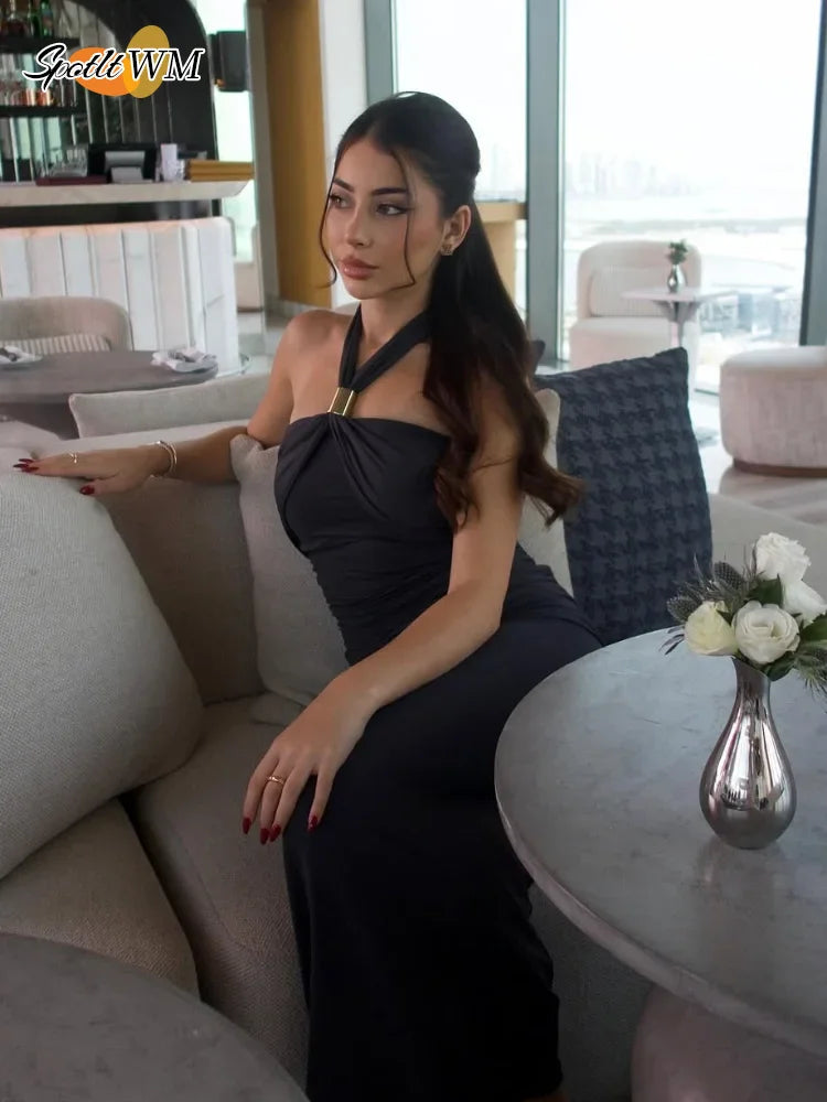 Elegant Sleeveless Backless Solid Color Midi Dress for Women - Fashion Metal Ring Pleat Long Summer Dress, Slim Fit Lady Robe - Perfect for Beach Parties, Evening Events & Vacation Wear