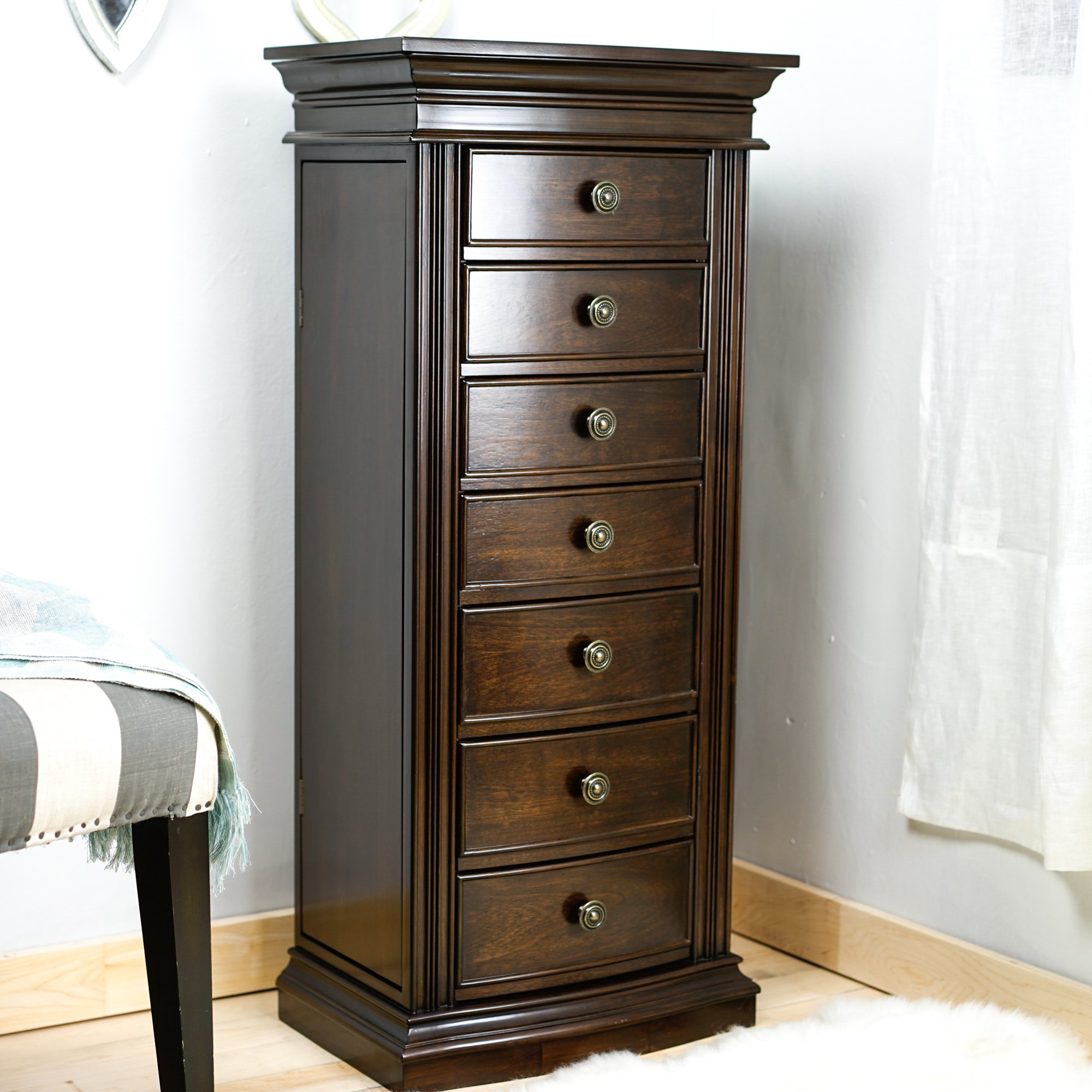 Lawson Standing Jewelry Armoire Cabinet - Walnut Wood Jewelry Storage Organizer with Flip Top Mirror, 2 Side Doors & 7 Drawers - Perfect for Necklaces, Earrings & Bracelets - Ideal for Bedroom, Dressing Room & Closet Organization
