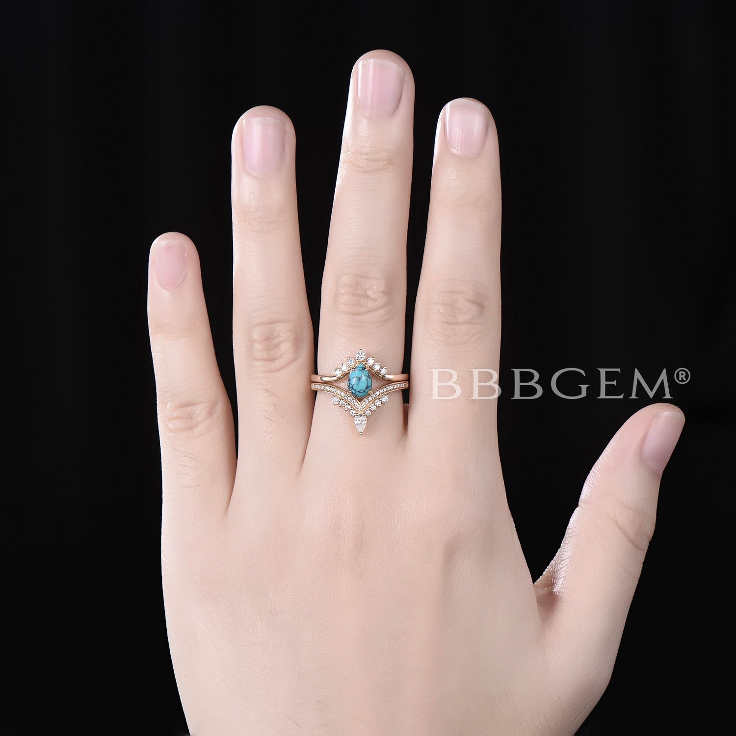 Pear Shaped Turquoise Engagement Ring & Rose Gold Diamond Wedding Band Set - Perfect for Bridal Jewelry, Anniversary Gifts & Romantic Proposals