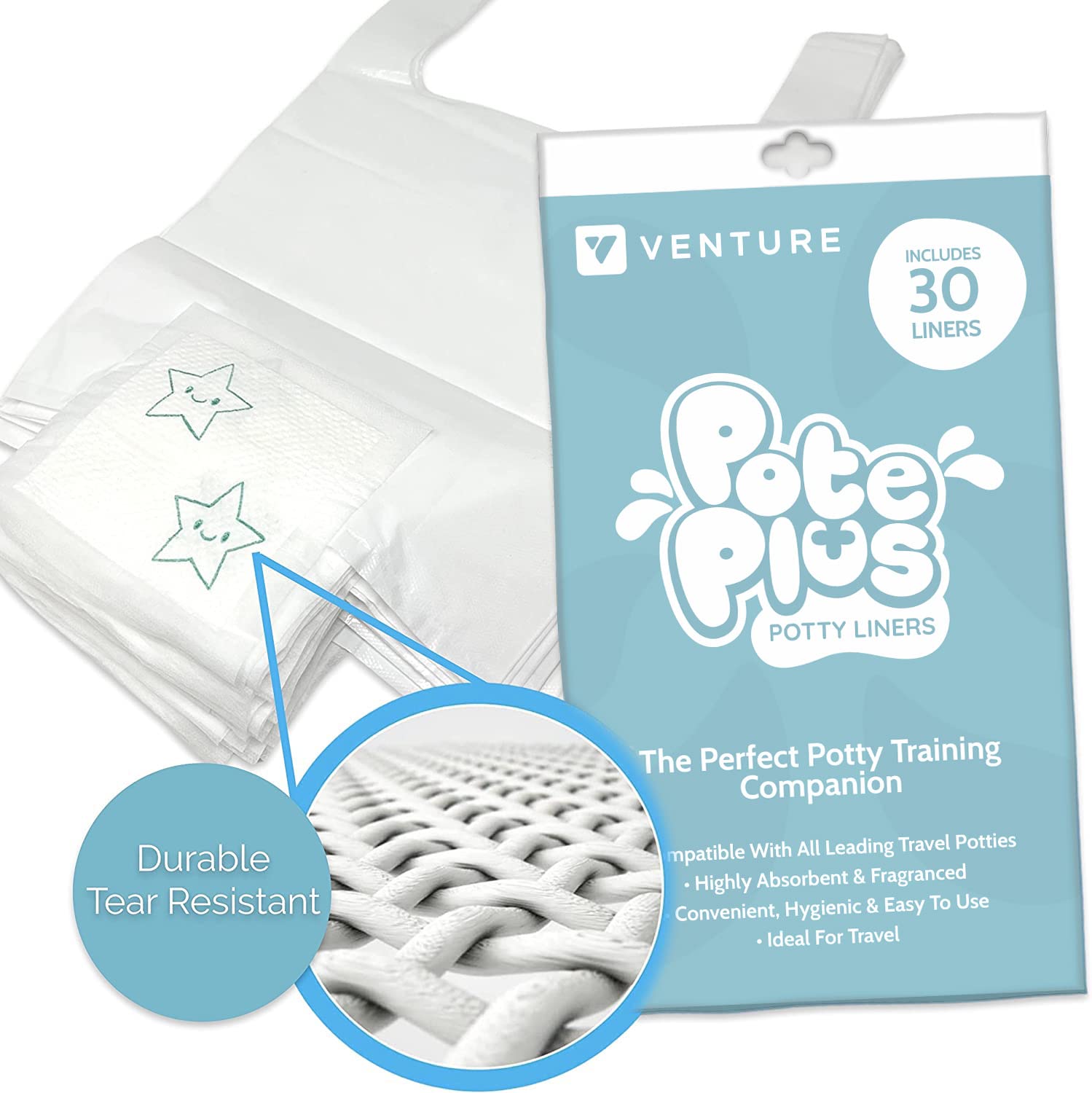 Venture 90 Pack Disposable Travel Potty Liners for Portable Potty - Leak Proof & Odor Control - Fits Most Toddler Travel Potty Seats - Perfect for Road Trips, Camping & Airplane Travel