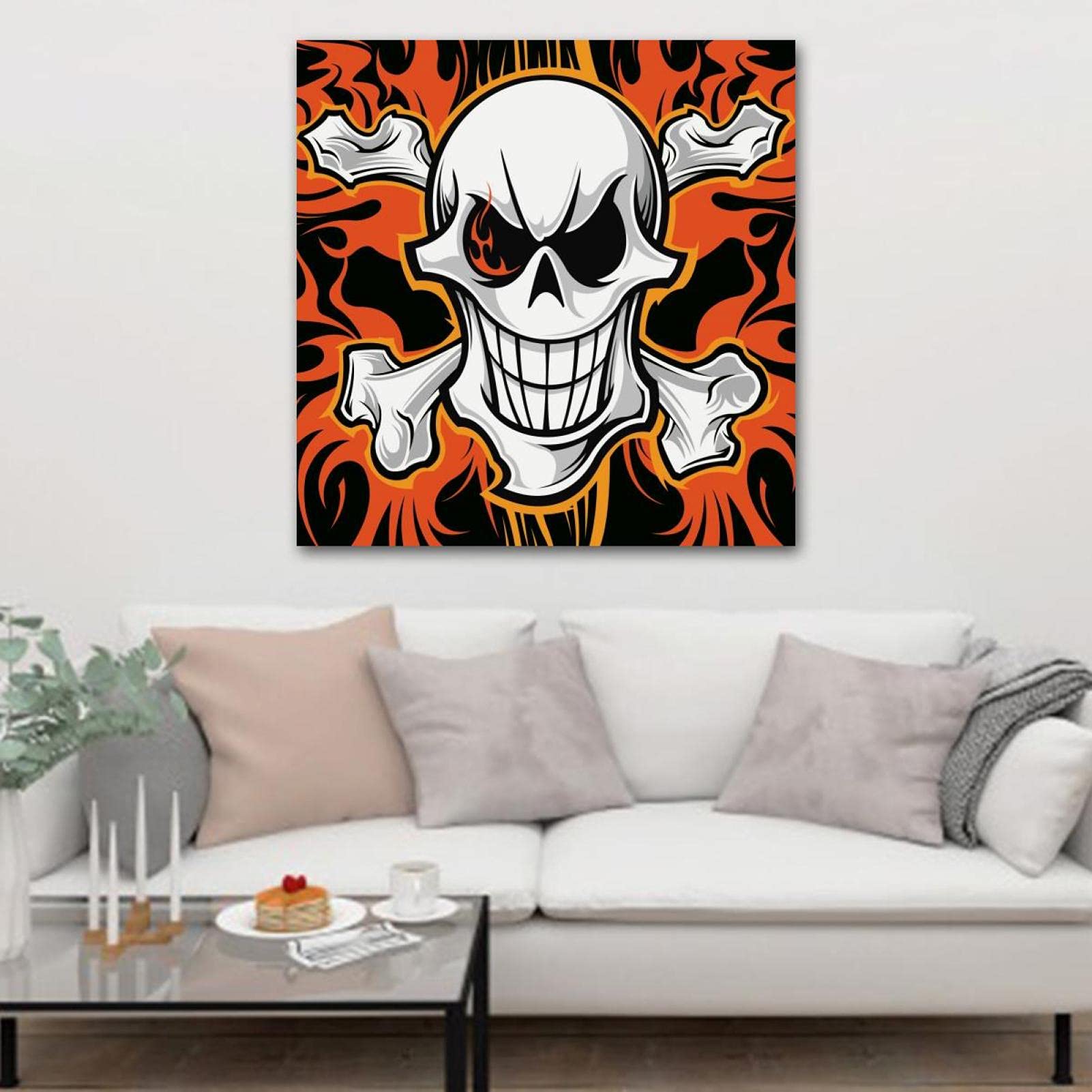 Framed Canvas Wall Art - Skull & Crossbones Fire Oil Painting - Gothic Decor for Living Room, Bedroom, Bathroom & Office - Unique Home Decoration for Halloween, Pirate Theme & Dark Aesthetic Spaces