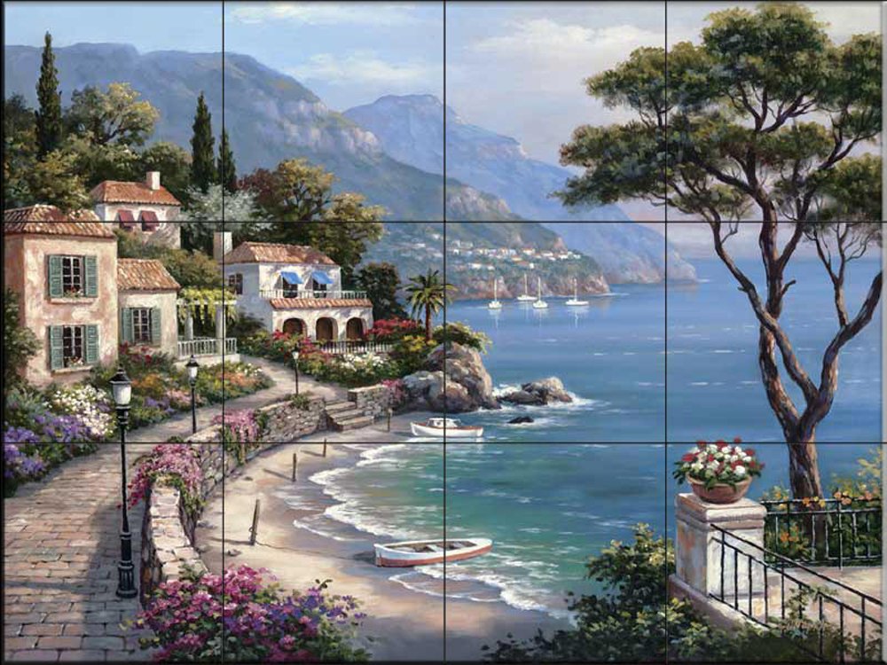 Ceramic Backsplash Tile Mural - Water View Landscape Design for Kitchen, Bathroom & Shower - Escape Collection by Sung Kim - Perfect for Coastal, Spa & Nature-Inspired Home Decor
