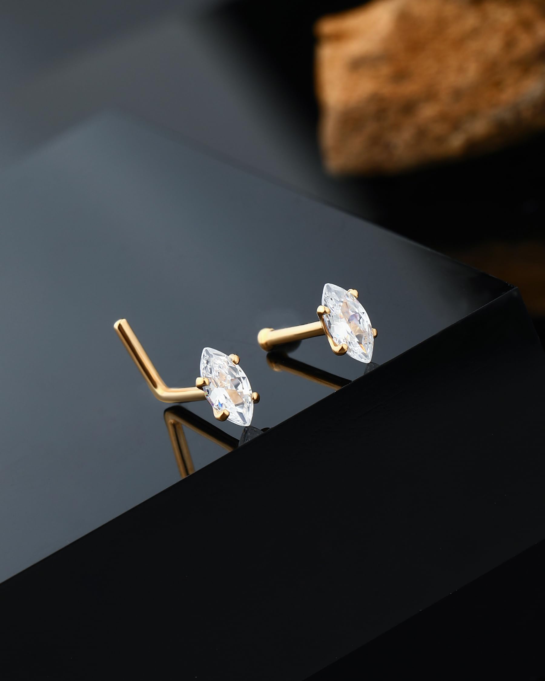14K Gold Nose Rings Studs - 20g CZ L-Shaped Nose Piercing Jewelry for Women & Men | Hypoallergenic Nose Rings for Daily Wear, Parties & Special Occasions