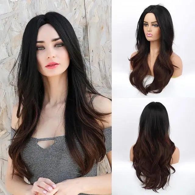 Ombre Black to Brown Synthetic Long Natural Wave Wig for Women - Perfect for Cosplay, Halloween, and Daily Fashion Styling