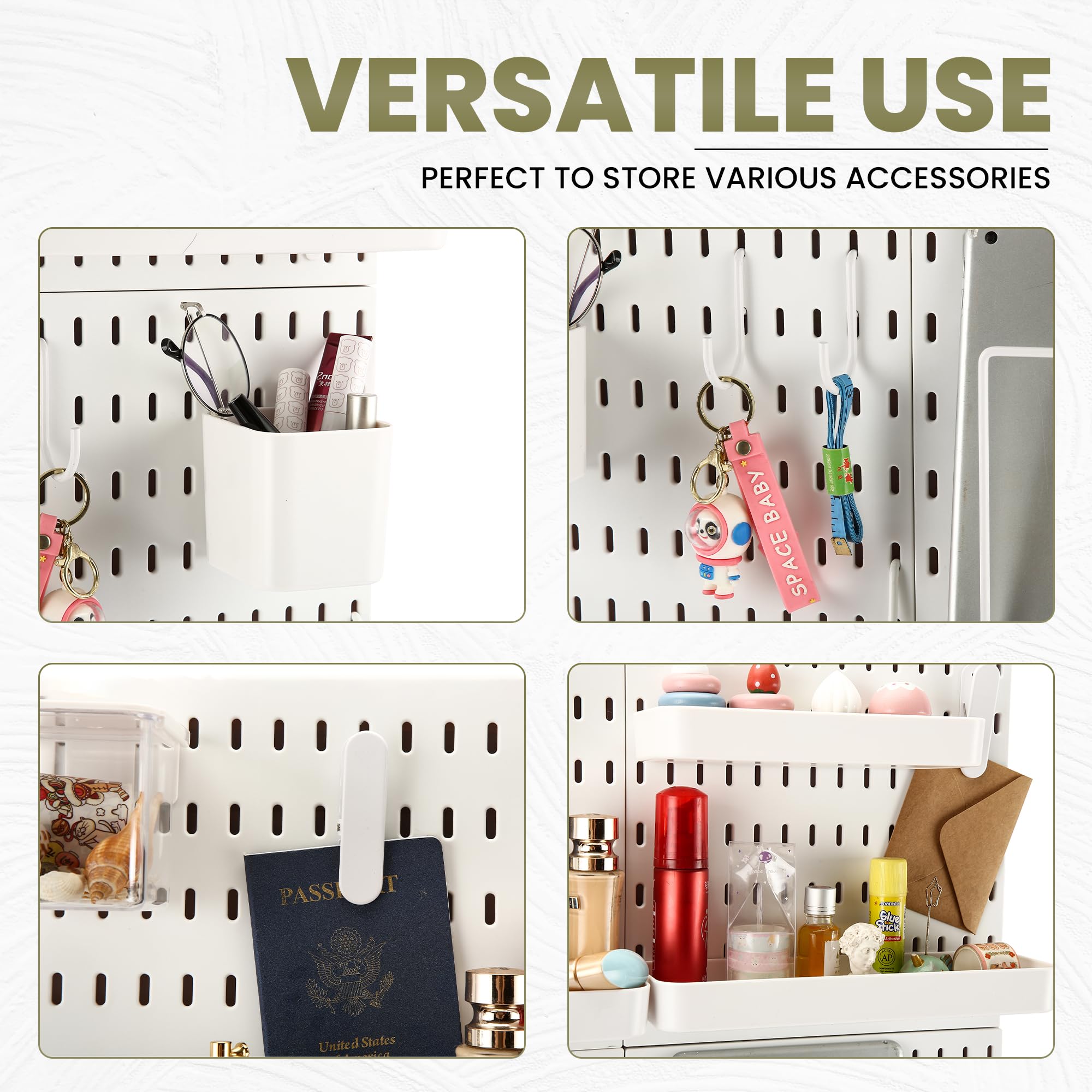 White Pegboard Wall Organizer Set of 4 with 12 Accessories - Craft, Desk & Wall Mount Display Pegboard Panels for Kitchen, Office, Bathroom & Garage Organization - Perfect for DIY Projects, Home Storage & Workspace Setup