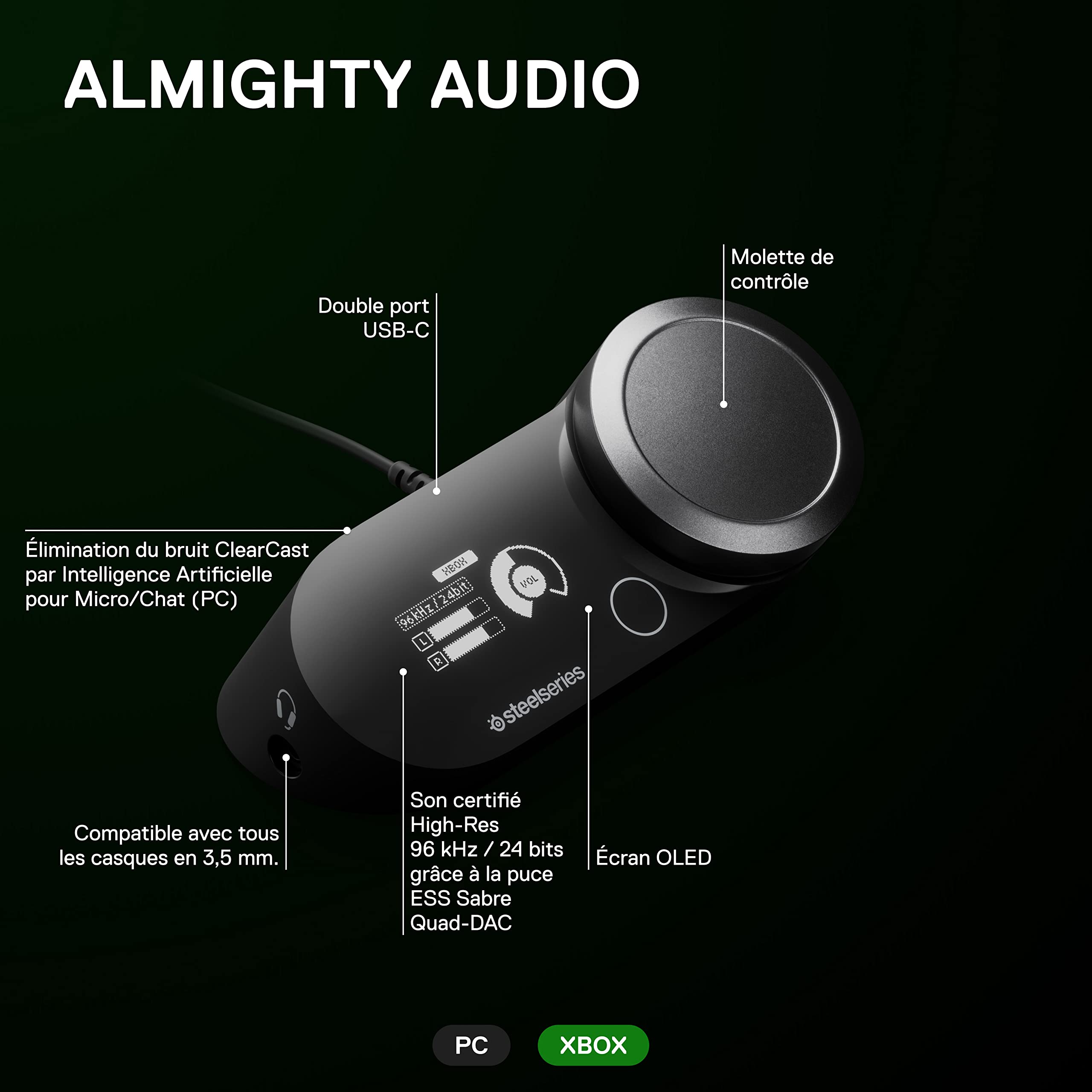 SteelSeries GameDAC Gen 2 (Xbox) Hi-Res Audio Amplifier with ESS Sabre Quad-DAC - AI Noise Cancellation & 360° Spatial Sound - Hi-Res Certified - Compatible with PC, Xbox, PS5, PS4 - Perfect for Competitive Gaming & Immersive Entertainment