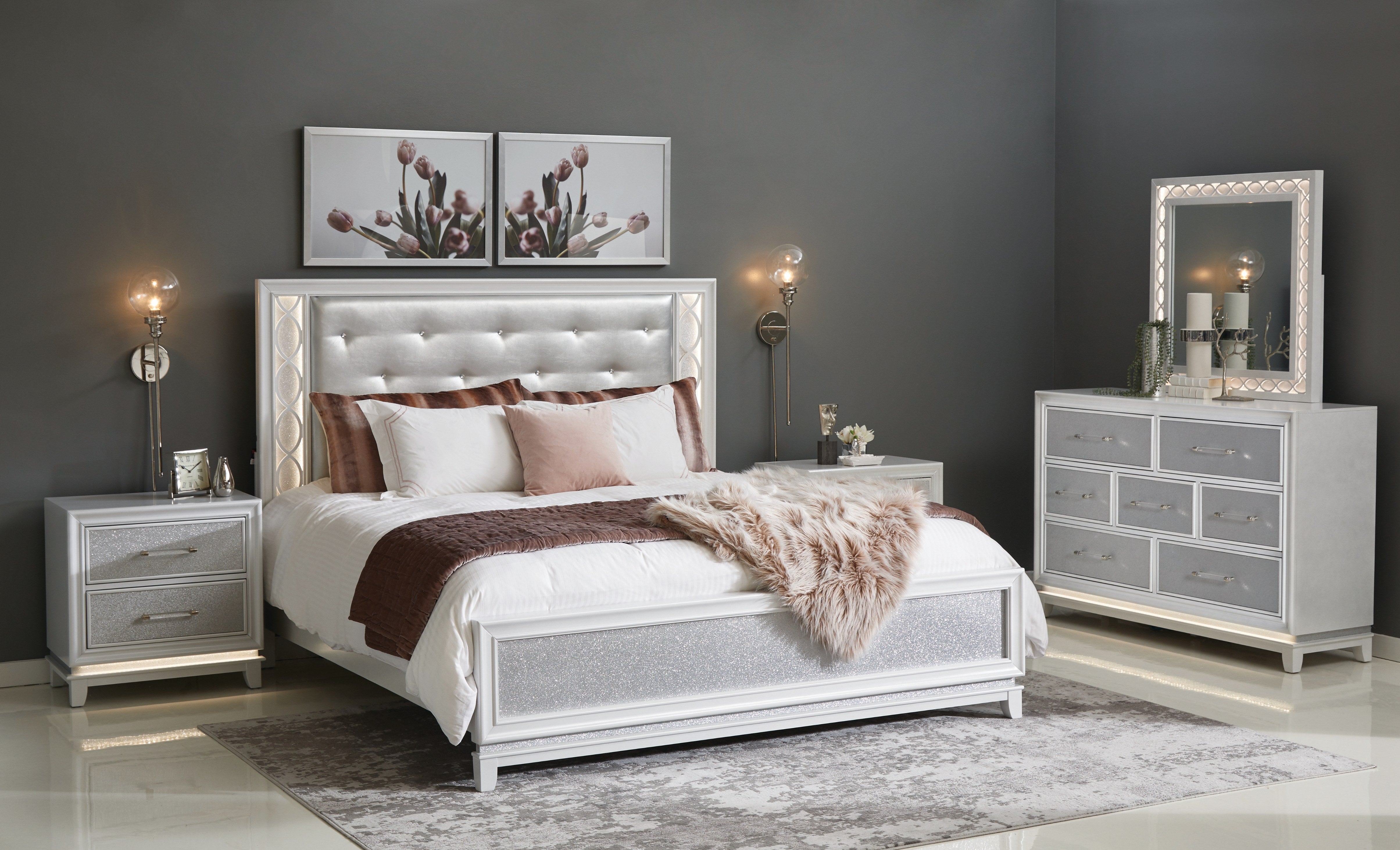 Roundhill Furniture Galaxy Bedroom Set with LED Lights - Pearlized White Finish, Modern Bed Frame with Nightstand & Dresser - Perfect for Contemporary Bedrooms & Teen Rooms