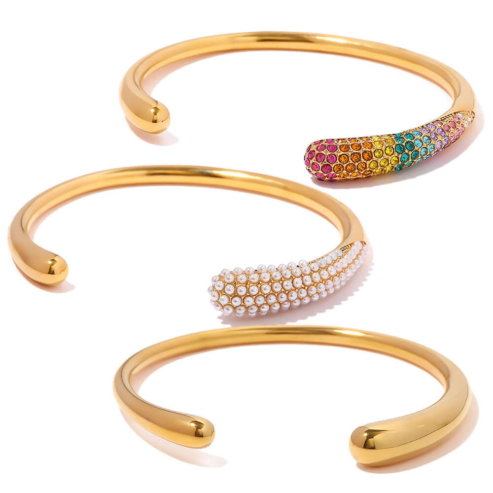 18K Gold Plated Pearl & Rainbow Open Cuff Bangle Bracelet - Elegant Jewelry for Women | Perfect for Parties, Weddings & Special Occasions | JDB489