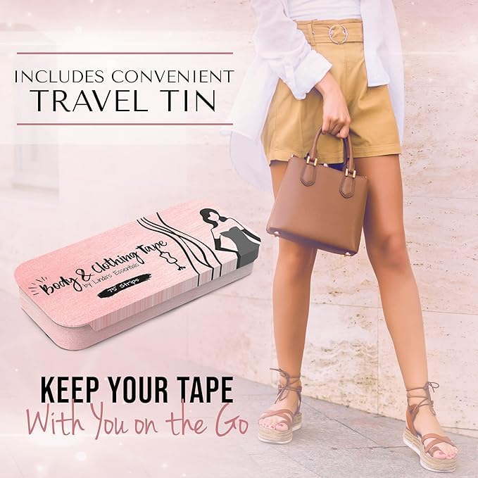 Double Sided Tape for Clothes & Body - 75 Pack Fabric Adhesive Tape for Women's Clothing, Hemming, Fashion Fixing | Includes Tin Storage Box | Perfect for Wardrobe Emergencies, Dress Adjustments & Special Occasions