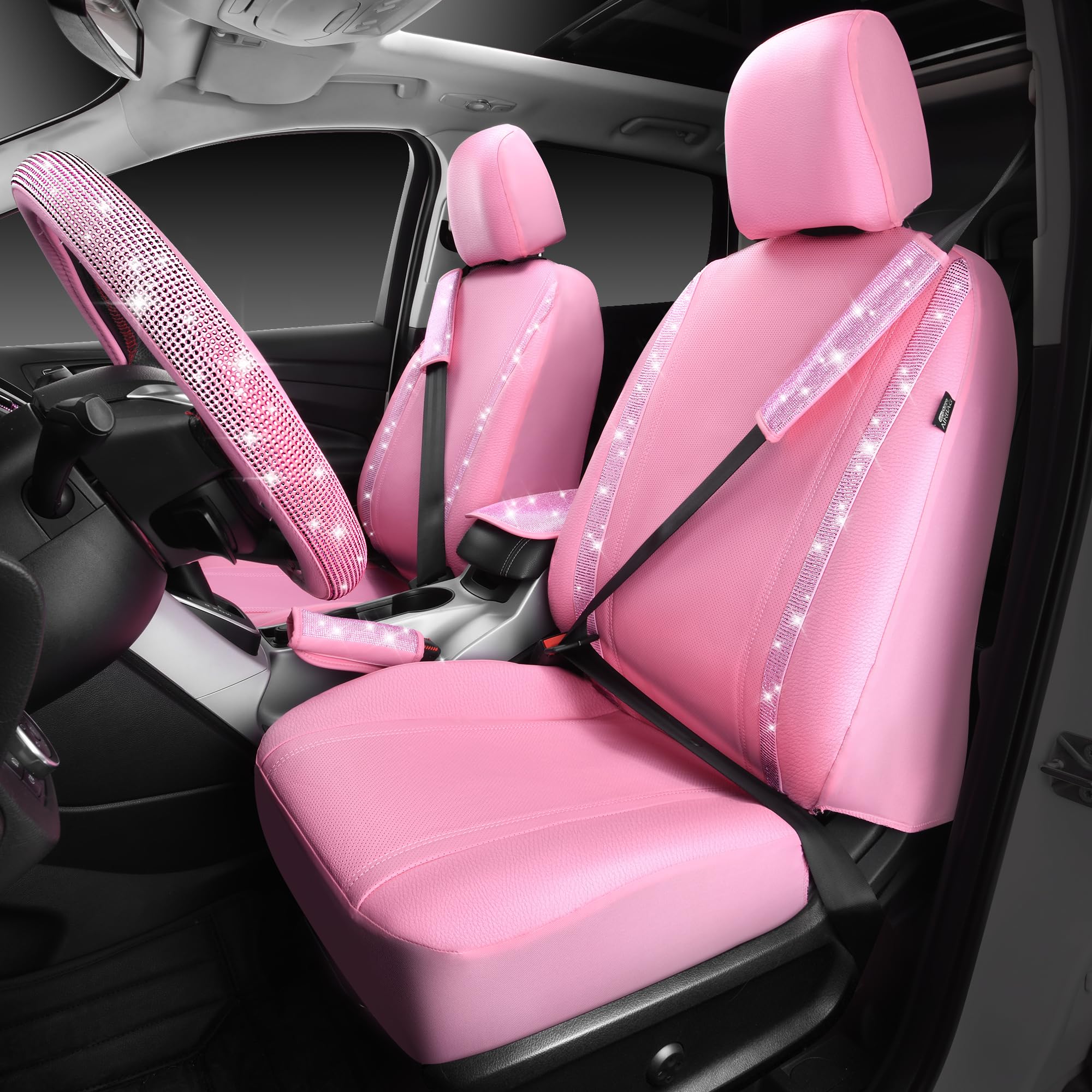24PCS Pink Bling Diamond Car Accessories Set - Steering Wheel Covers & Seat Covers for Women, Perfect for Car Decor & Gifts